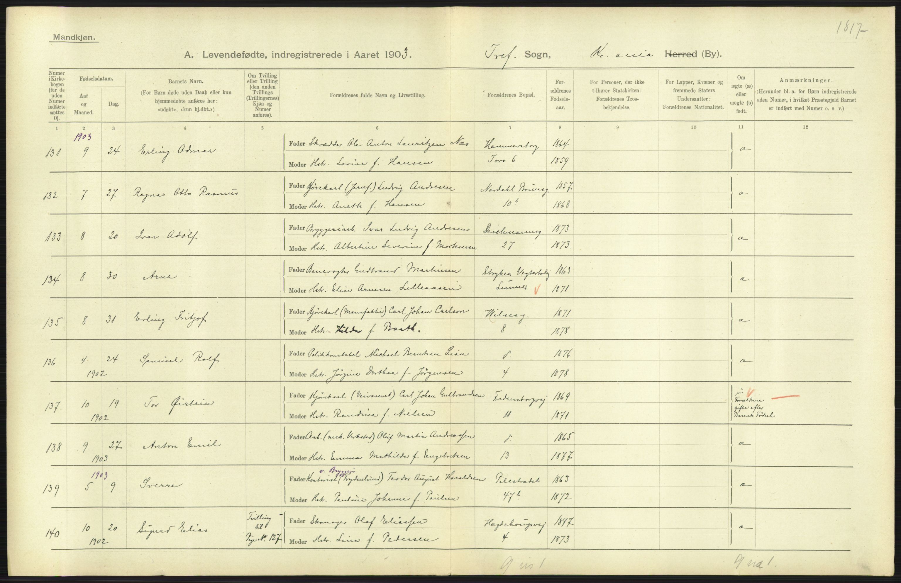 Statistisk sentralbyrå, Sosiodemografiske emner, Befolkning, AV/RA-S-2228/D/Df/Dfa/Dfaa/L0003: Kristiania: Fødte, 1903, p. 247