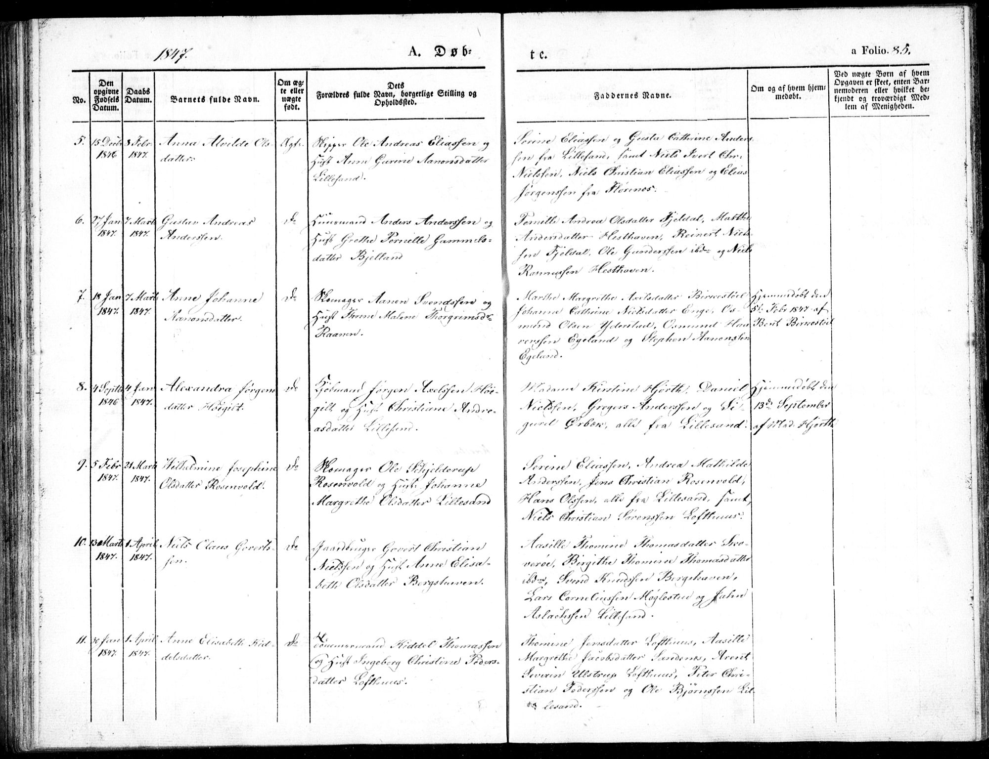 Vestre Moland sokneprestkontor, AV/SAK-1111-0046/F/Fb/Fbb/L0002: Parish register (copy) no. B 2, 1836-1851, p. 85