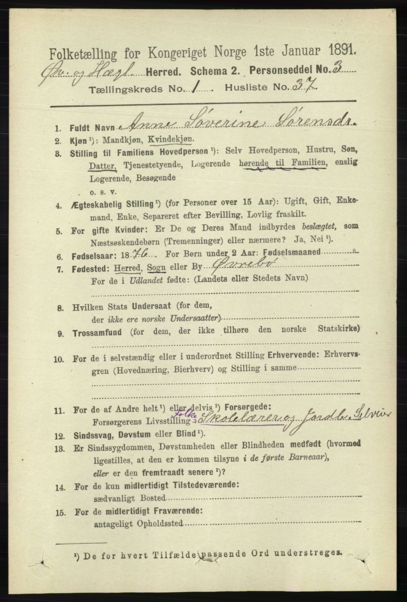 RA, 1891 census for 1016 Øvrebø og Hægeland, 1891, p. 276