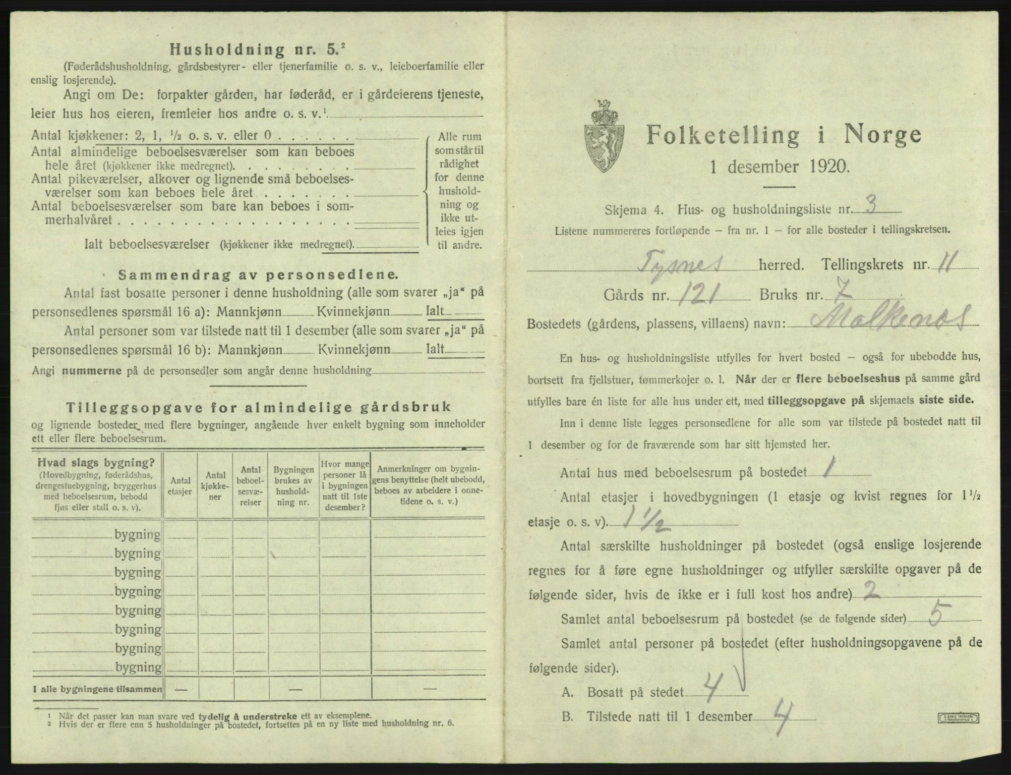 SAB, 1920 census for Tysnes, 1920, p. 1056