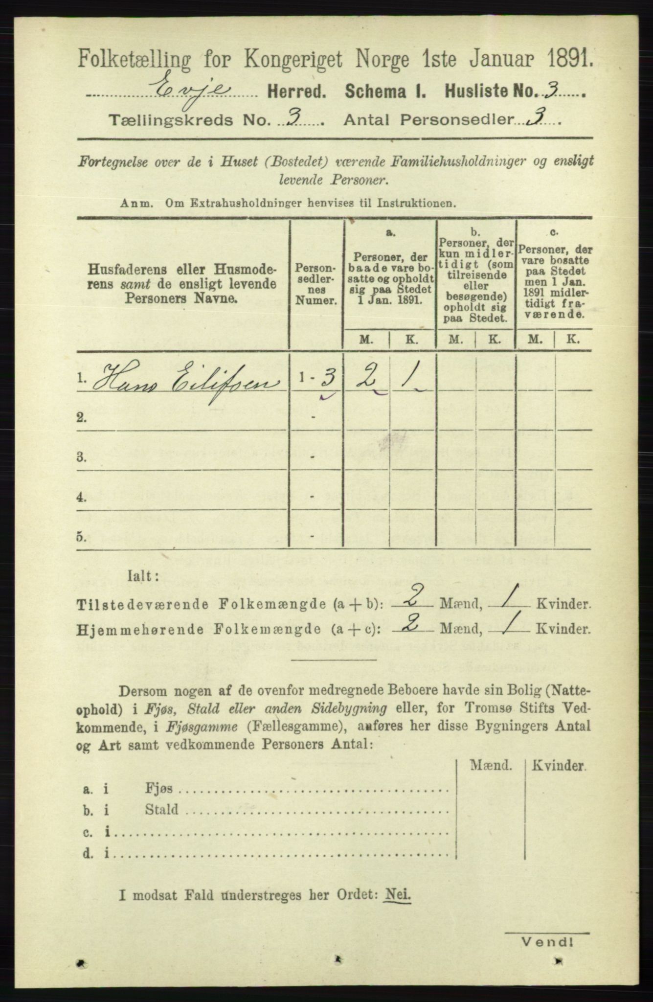 RA, 1891 census for 0937 Evje, 1891, p. 618