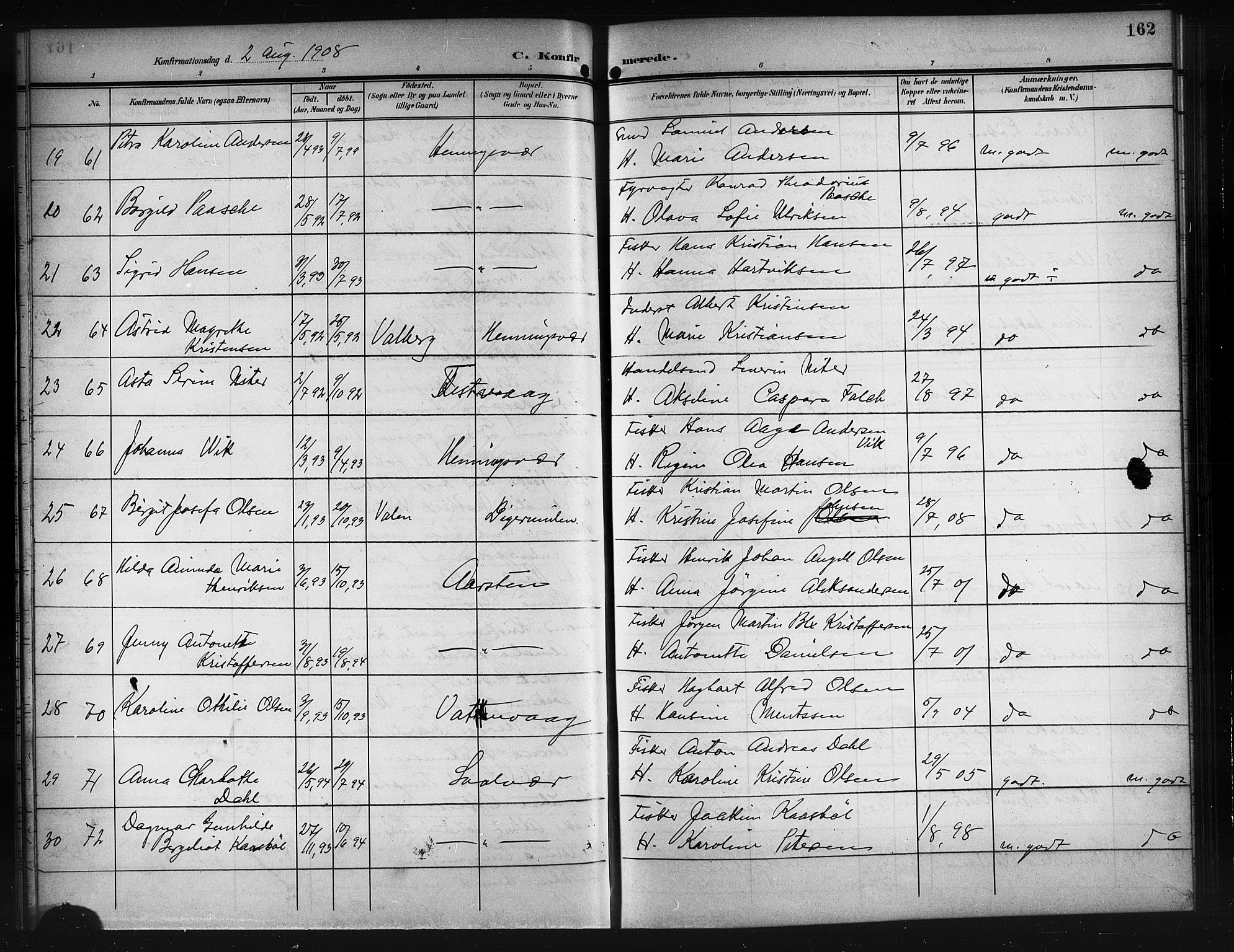 Ministerialprotokoller, klokkerbøker og fødselsregistre - Nordland, AV/SAT-A-1459/874/L1079: Parish register (copy) no. 874C08, 1907-1915, p. 162