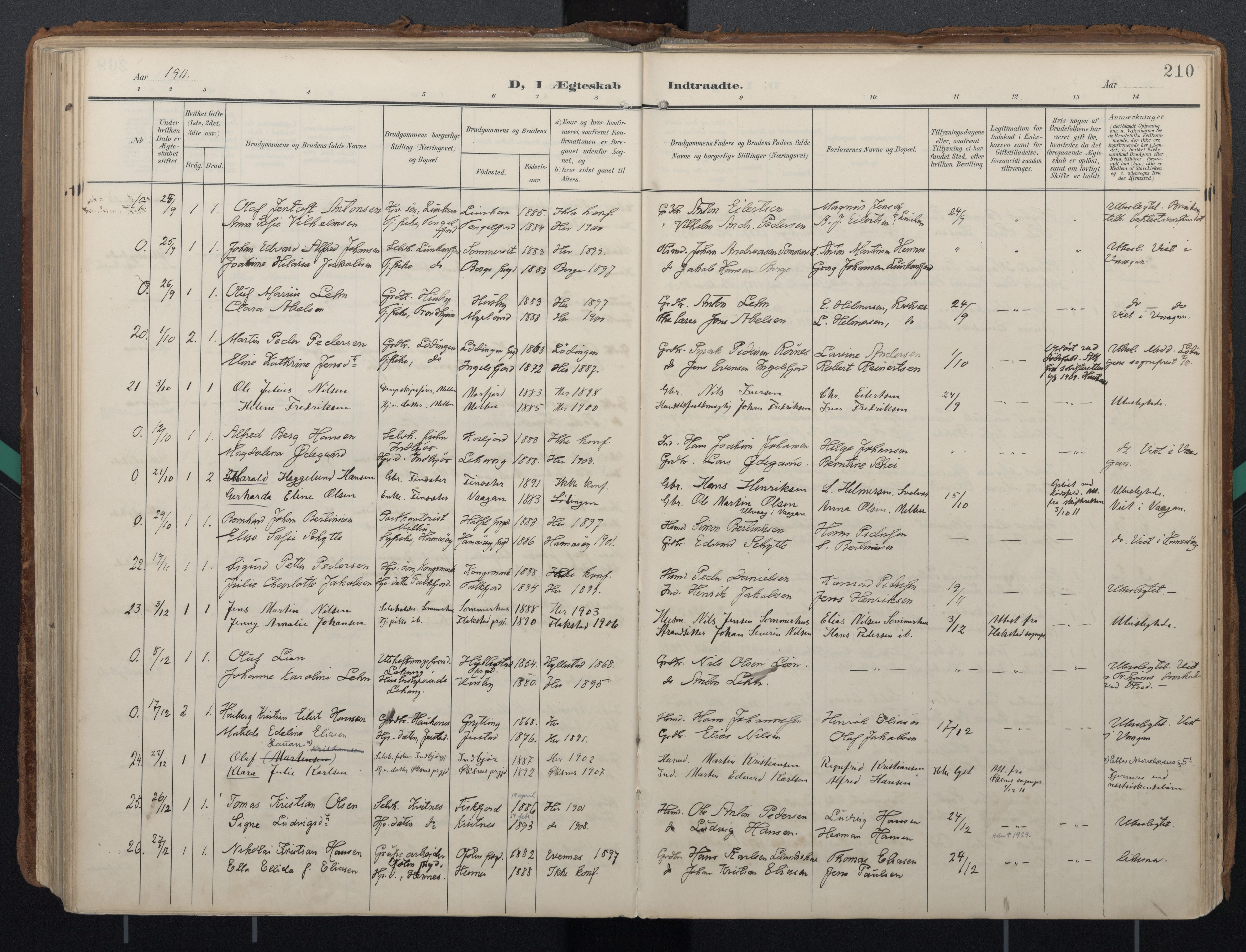 Ministerialprotokoller, klokkerbøker og fødselsregistre - Nordland, AV/SAT-A-1459/888/L1248: Parish register (official) no. 888A14, 1904-1913, p. 210