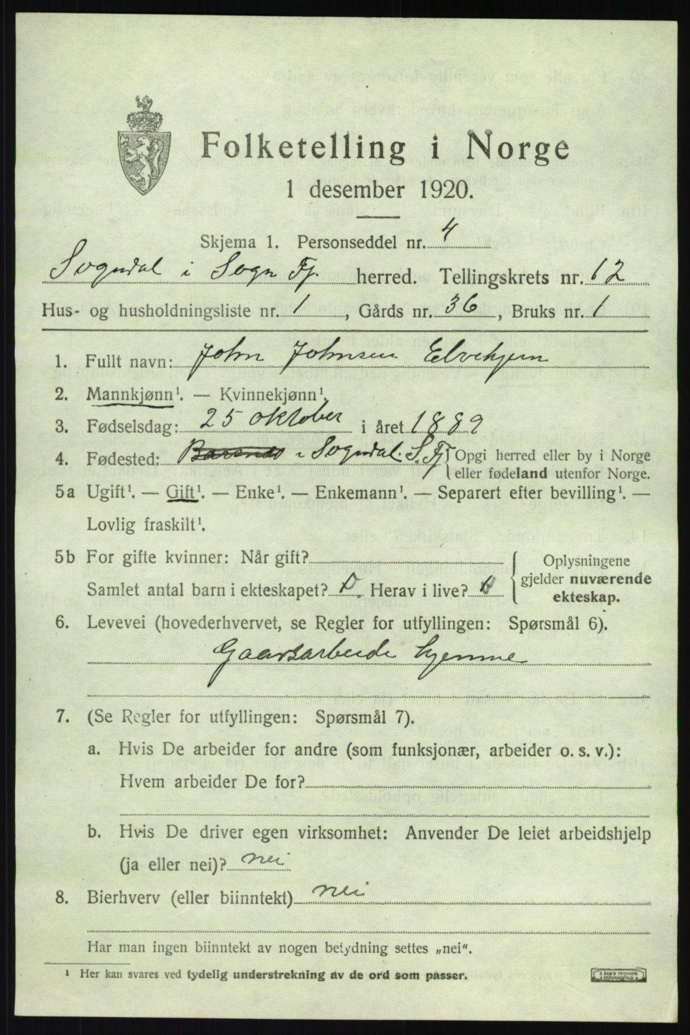 SAB, 1920 census for Sogndal, 1920, p. 5175