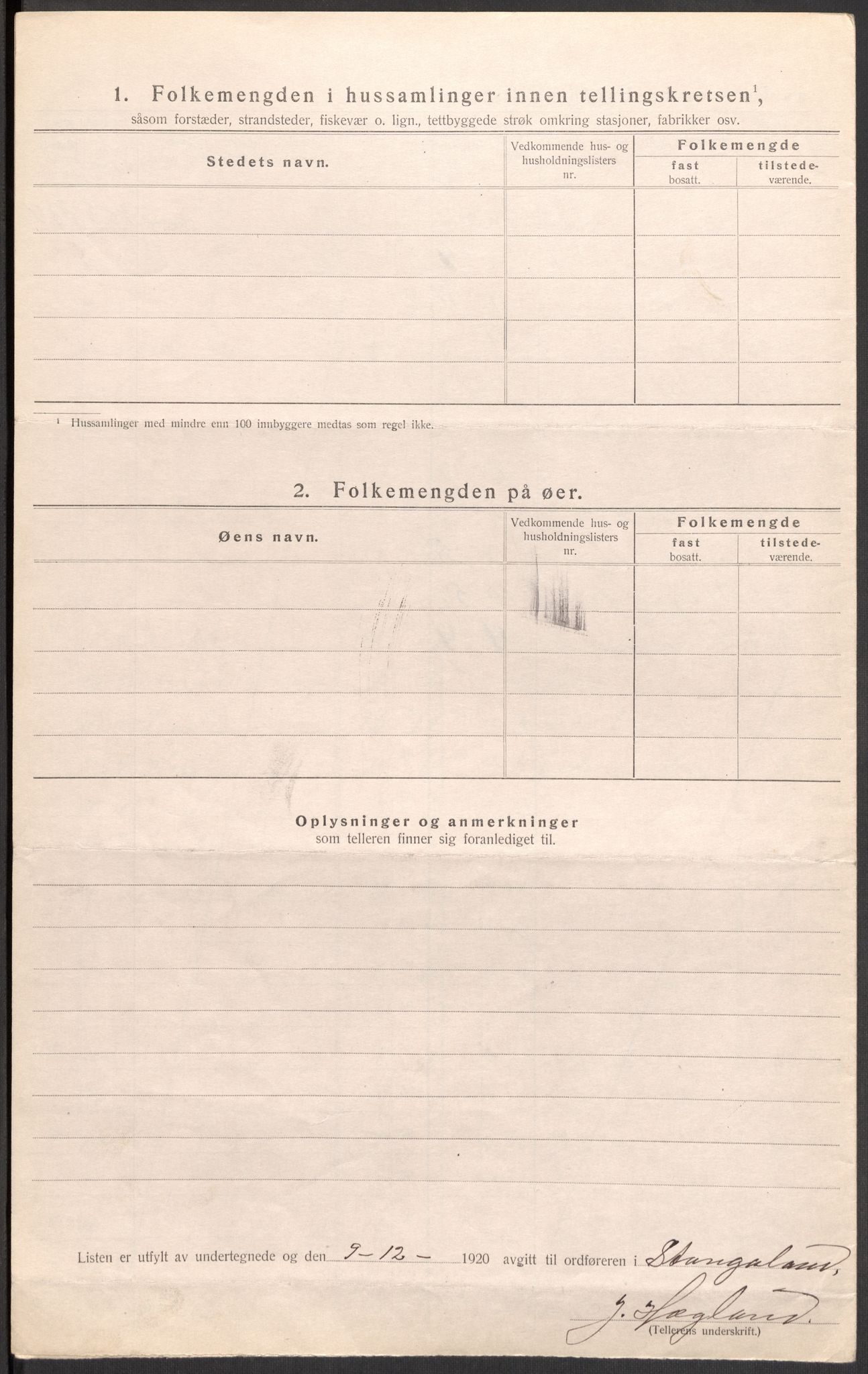 SAST, 1920 census for Stangaland, 1920, p. 20