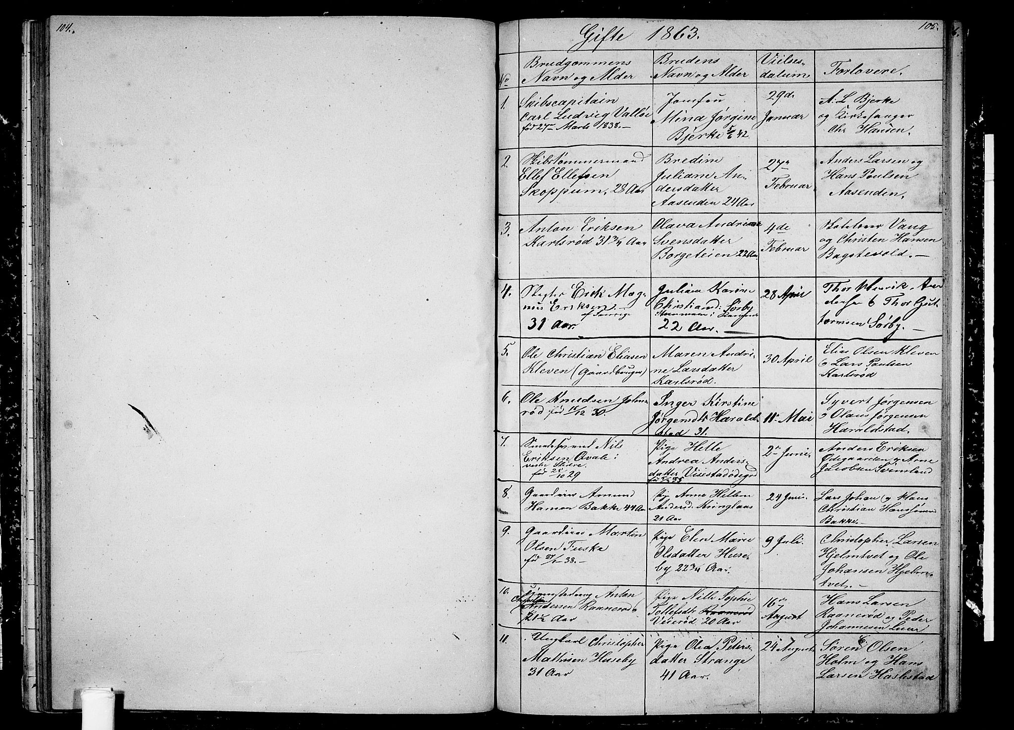 Våle kirkebøker, SAKO/A-334/G/Ga/L0003: Parish register (copy) no. I 3, 1863-1874, p. 104-105
