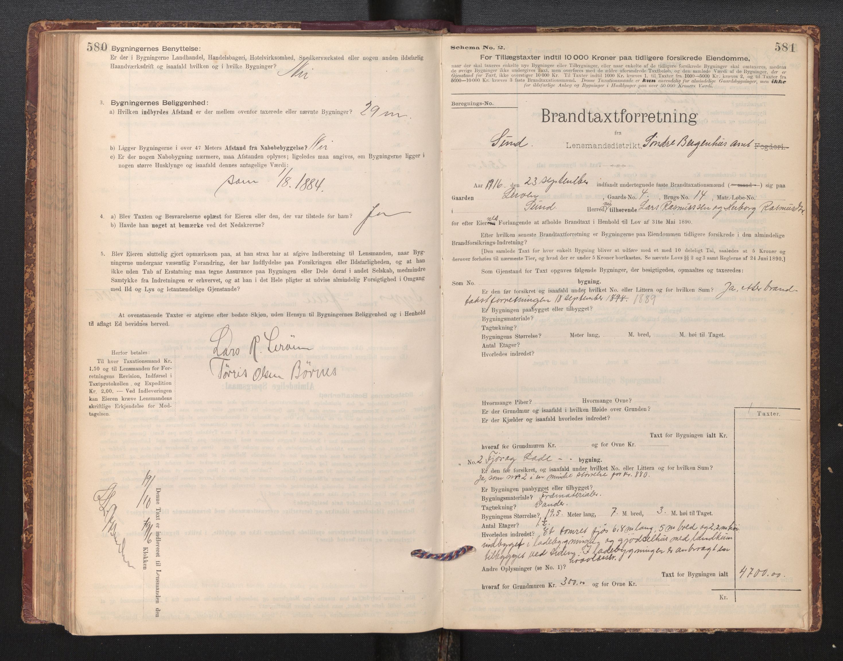 Lensmannen i Sund og Austevoll, SAB/A-35201/0012/L0003: Branntakstprotokoll, skjematakst, 1894-1917, p. 580-581