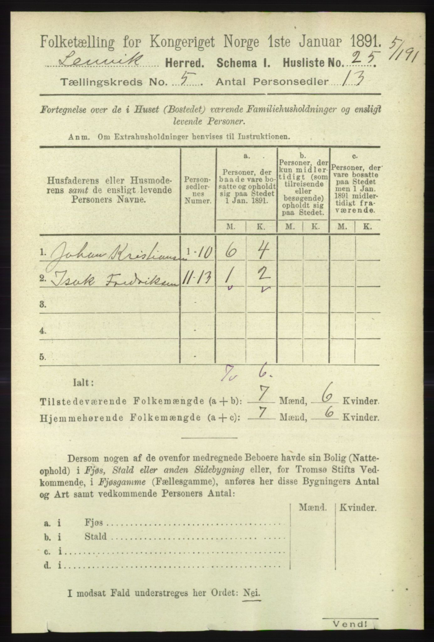 RA, 1891 census for 1931 Lenvik, 1891, p. 2484