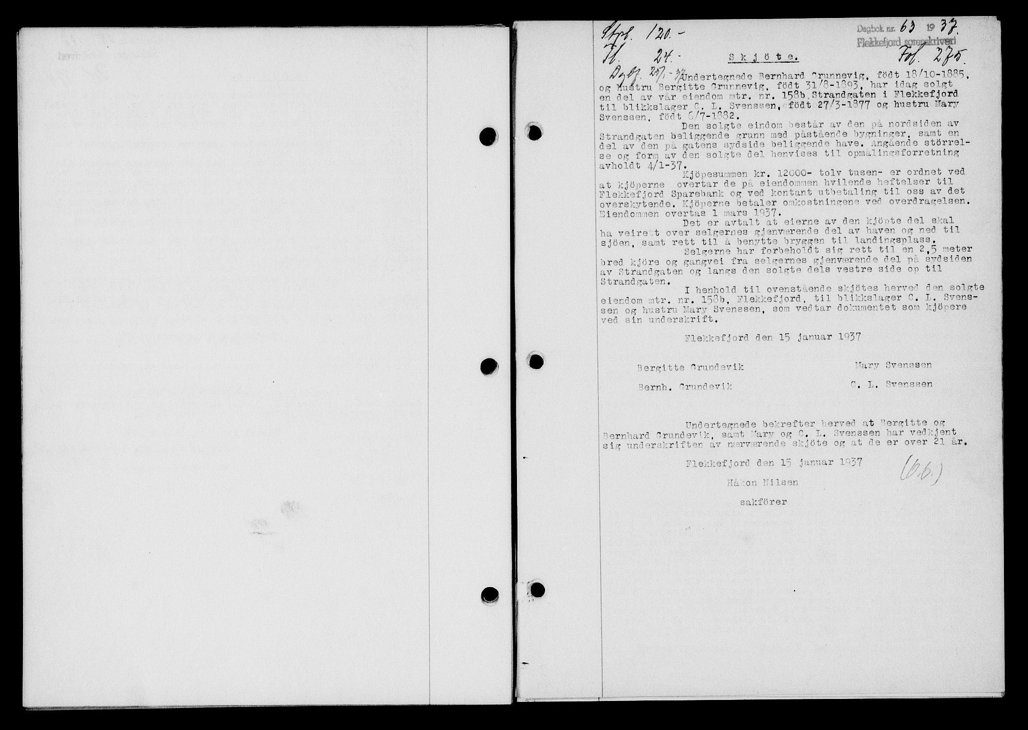 Flekkefjord sorenskriveri, SAK/1221-0001/G/Gb/Gba/L0053: Mortgage book no. A-1, 1936-1937, Diary no: : 63/1937