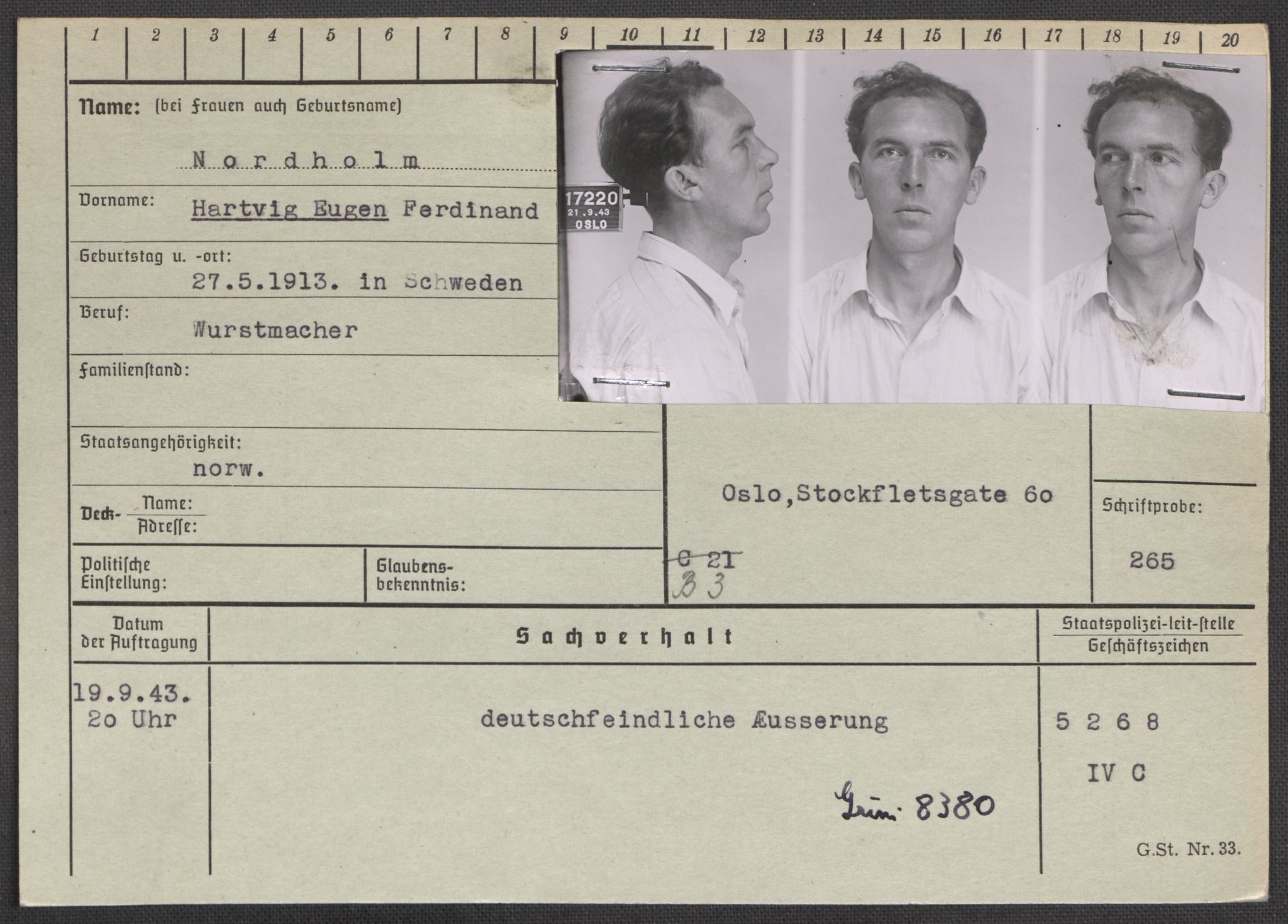 Befehlshaber der Sicherheitspolizei und des SD, AV/RA-RAFA-5969/E/Ea/Eaa/L0007: Register over norske fanger i Møllergata 19: Lundb-N, 1940-1945, p. 1336