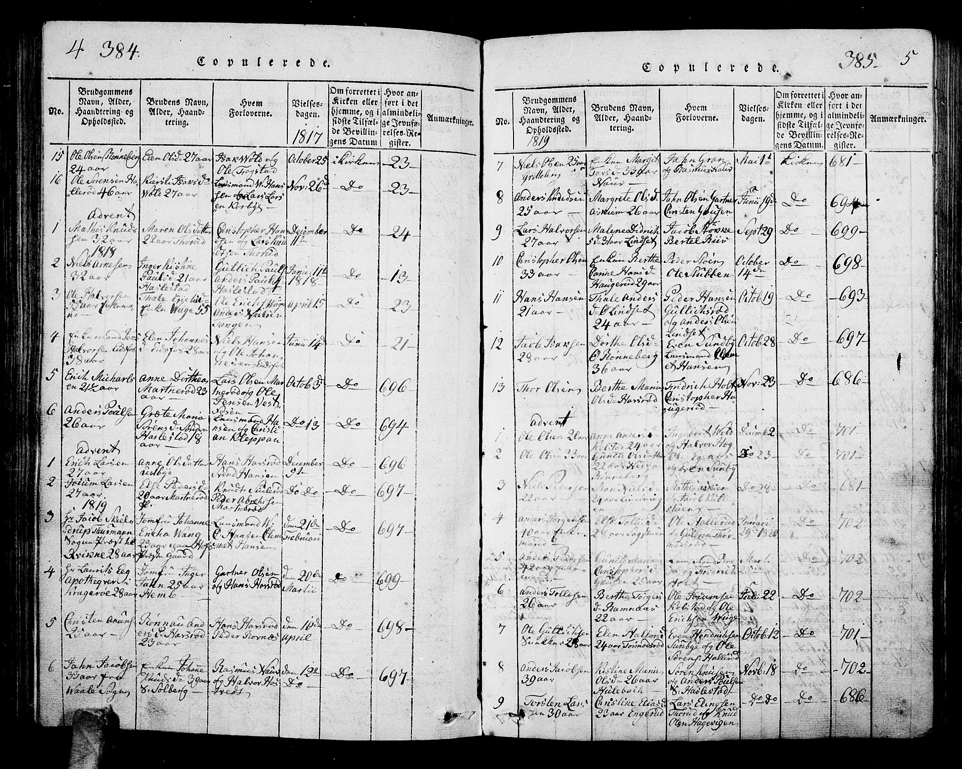 Hof kirkebøker, AV/SAKO-A-64/G/Ga/L0001: Parish register (copy) no. I 1, 1814-1844, p. 384-385