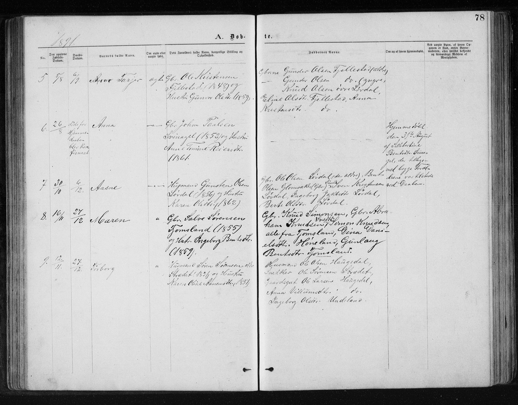 Holum sokneprestkontor, AV/SAK-1111-0022/F/Fb/Fbb/L0003: Parish register (copy) no. B 3, 1875-1898, p. 78