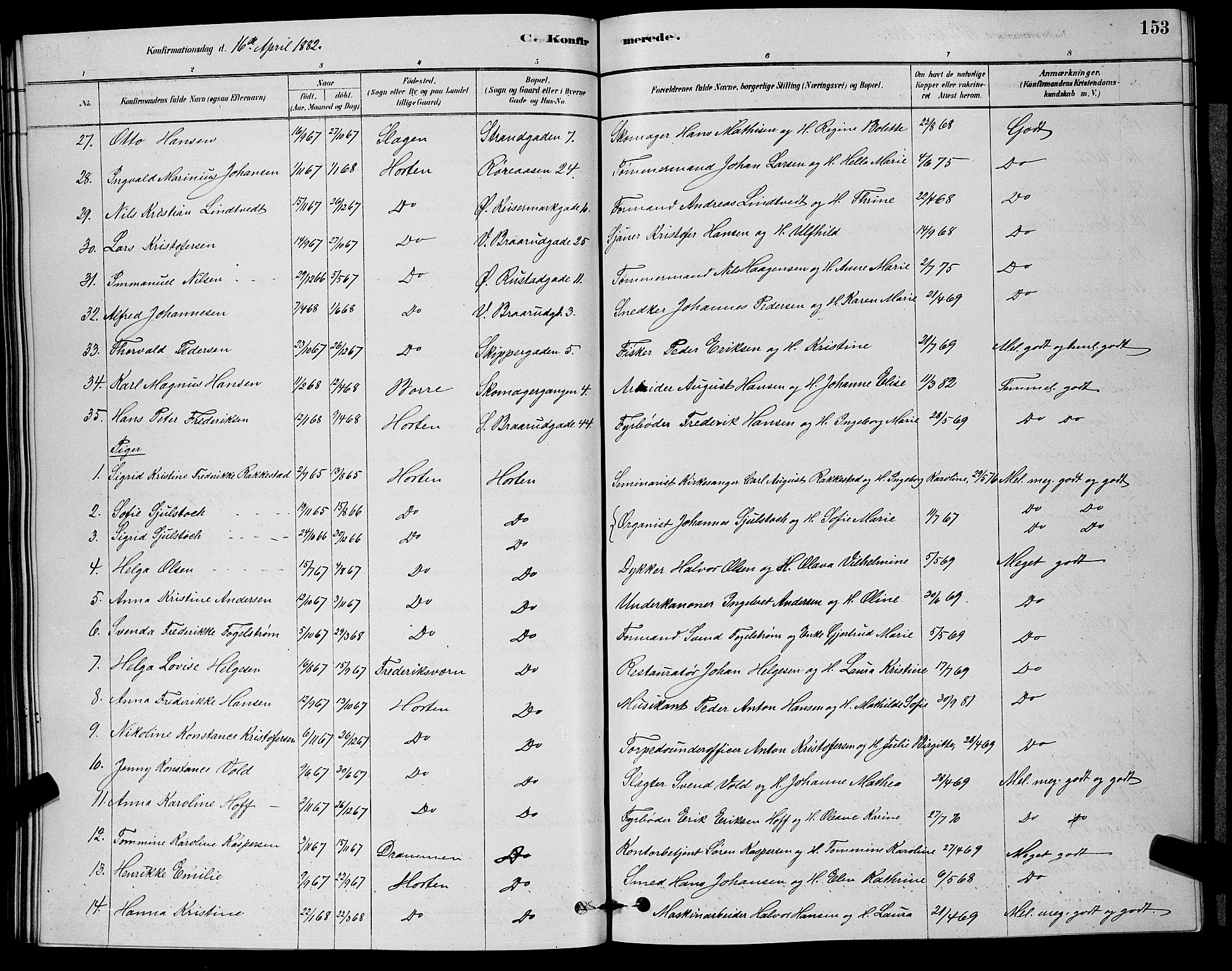 Horten kirkebøker, AV/SAKO-A-348/G/Ga/L0003: Parish register (copy) no. 4, 1878-1887, p. 153