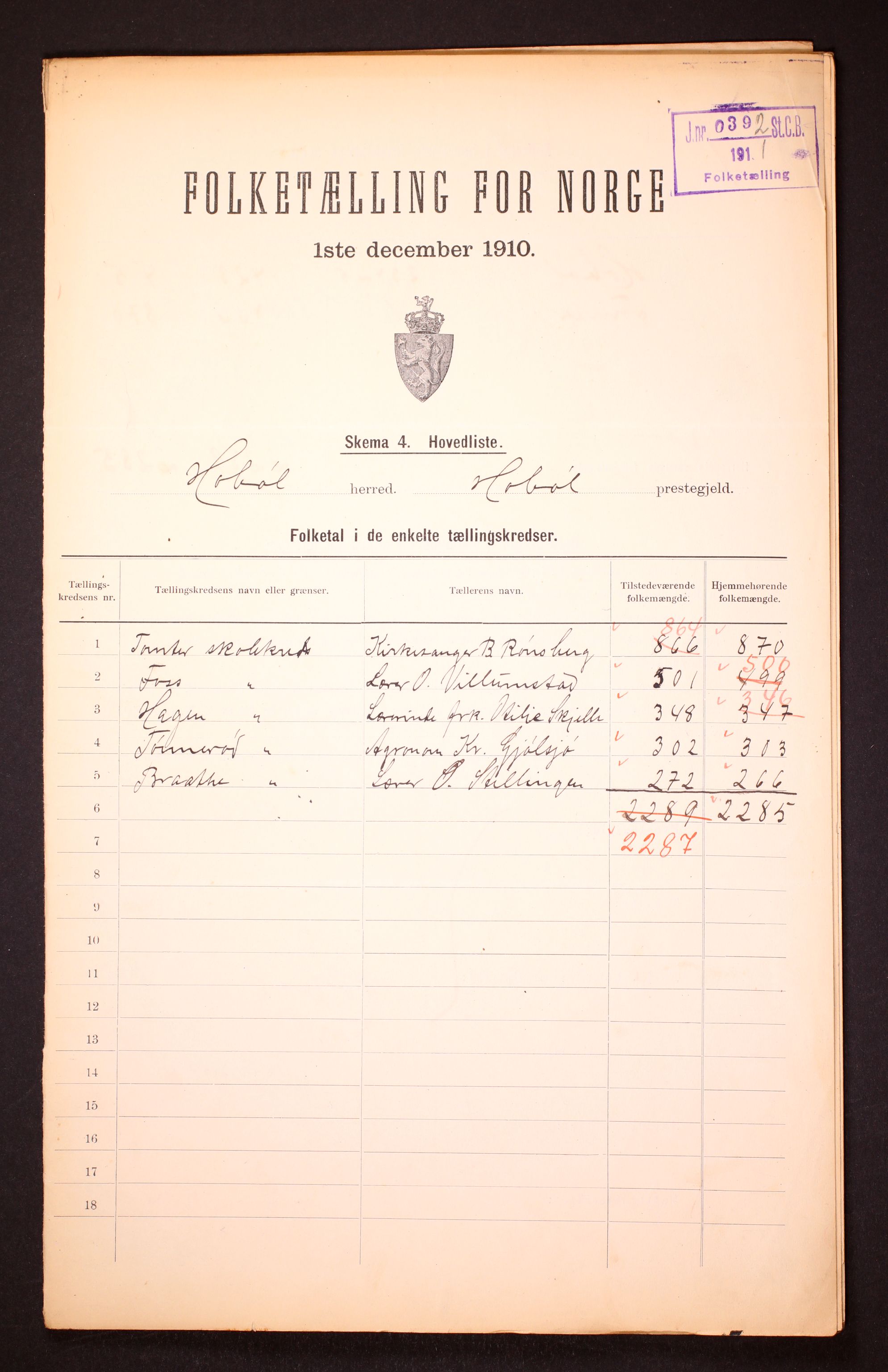 RA, 1910 census for Hobøl, 1910, p. 2