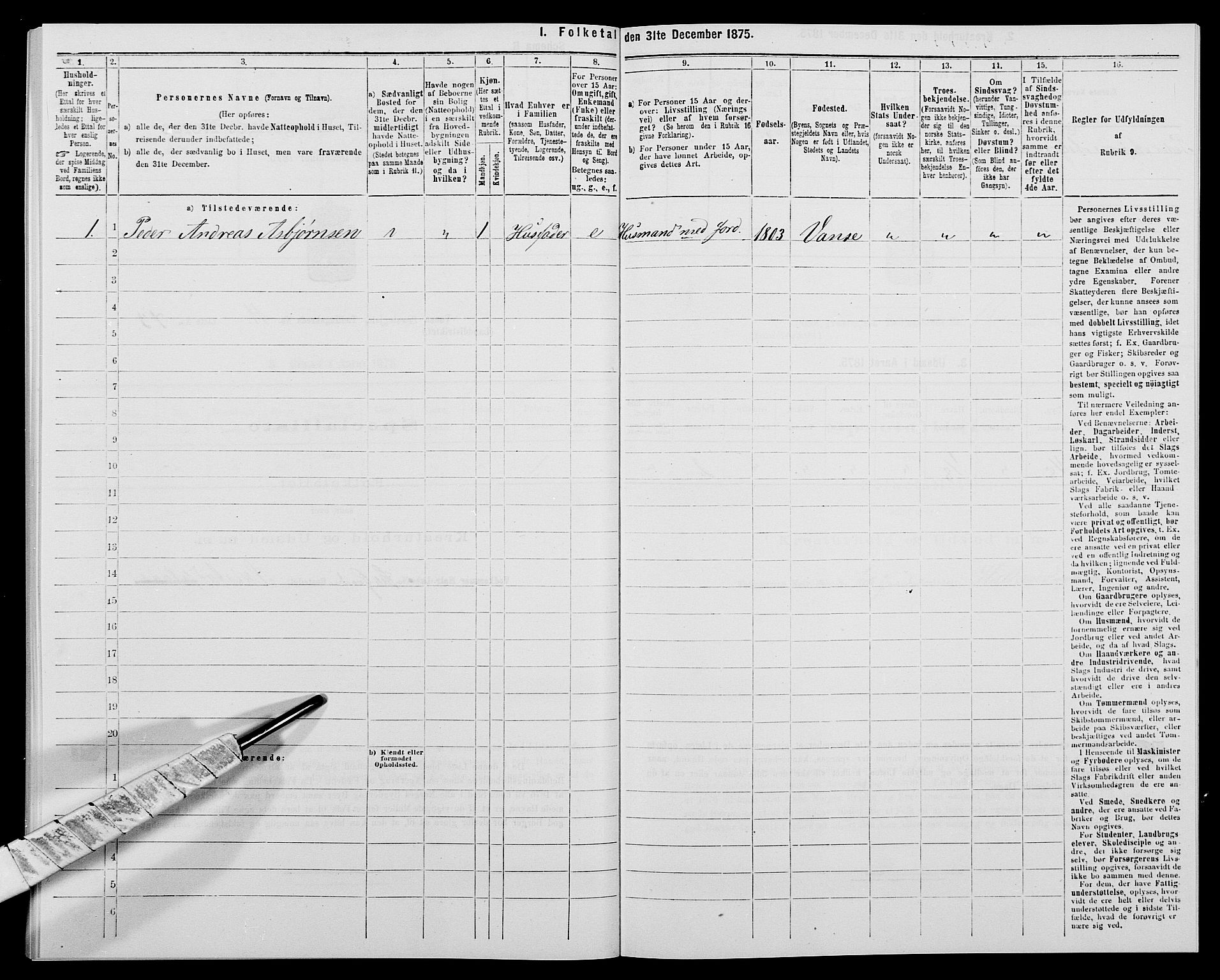 SAK, 1875 census for 1041L Vanse/Vanse og Farsund, 1875, p. 2135