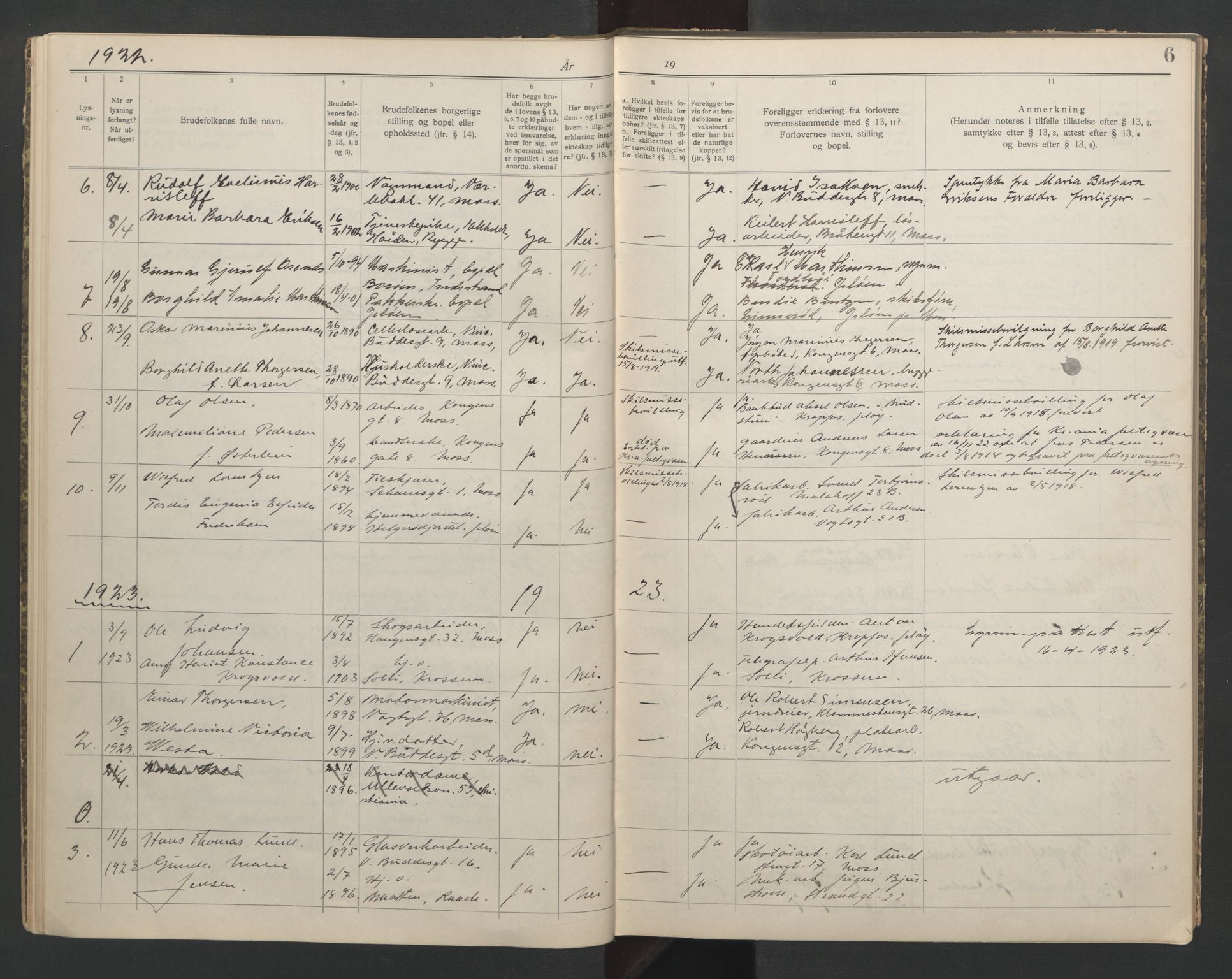 Moss byfogd, AV/SAO-A-10863/L/Lb/L0001: Lysningsbok, 1919-1932, p. 6