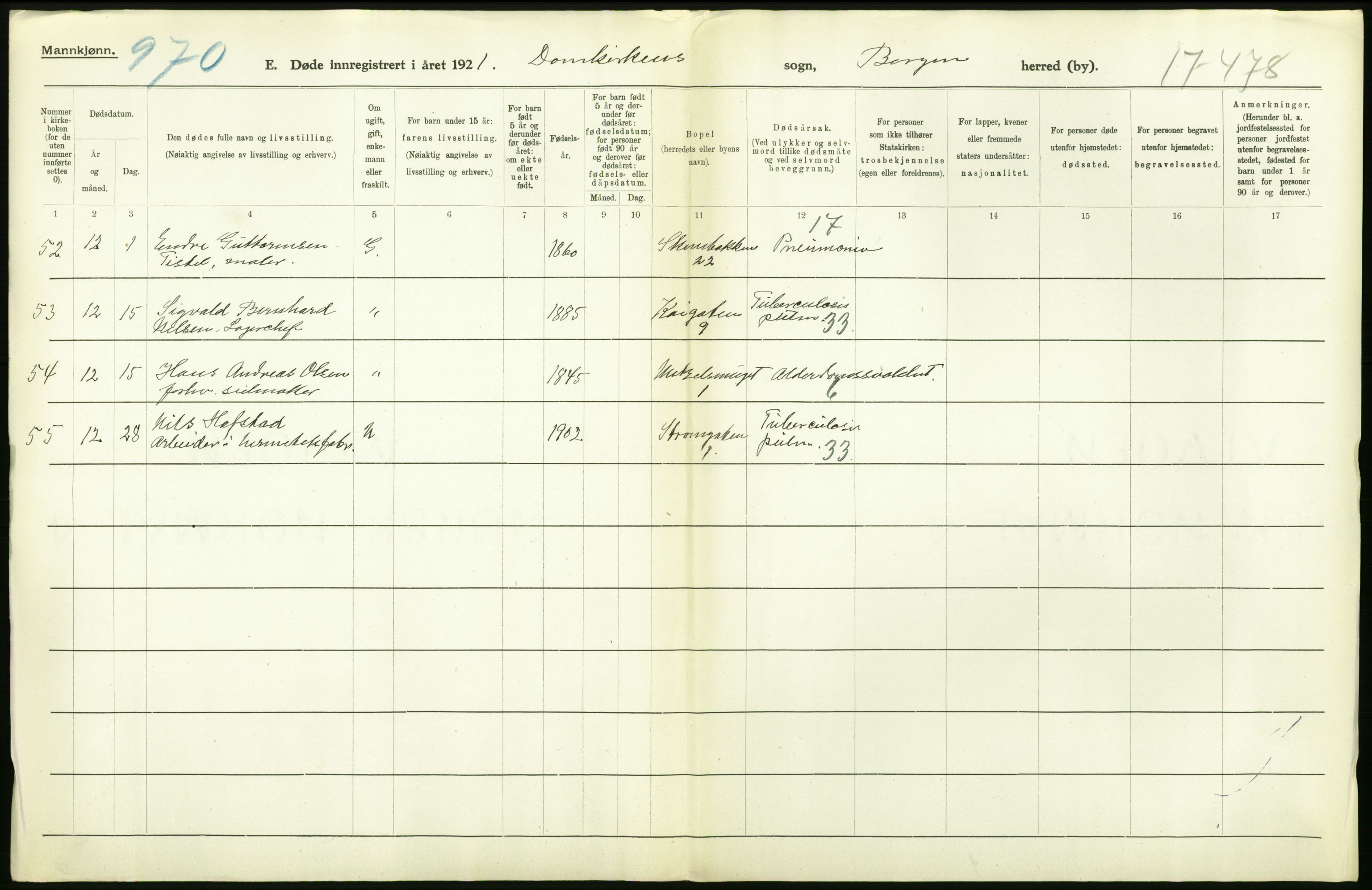 Statistisk sentralbyrå, Sosiodemografiske emner, Befolkning, AV/RA-S-2228/D/Df/Dfc/Dfca/L0036: Bergen: Døde., 1921, p. 22