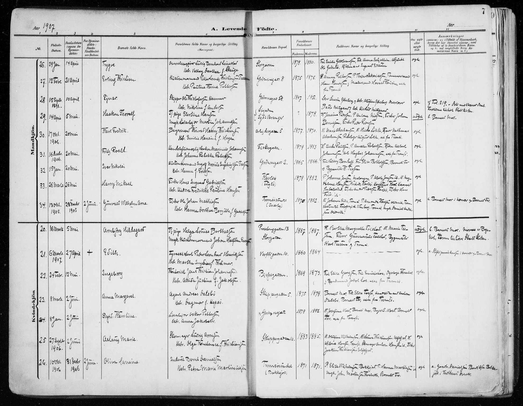 Tromsø sokneprestkontor/stiftsprosti/domprosti, SATØ/S-1343/G/Ga/L0017kirke: Parish register (official) no. 17, 1907-1917, p. 7