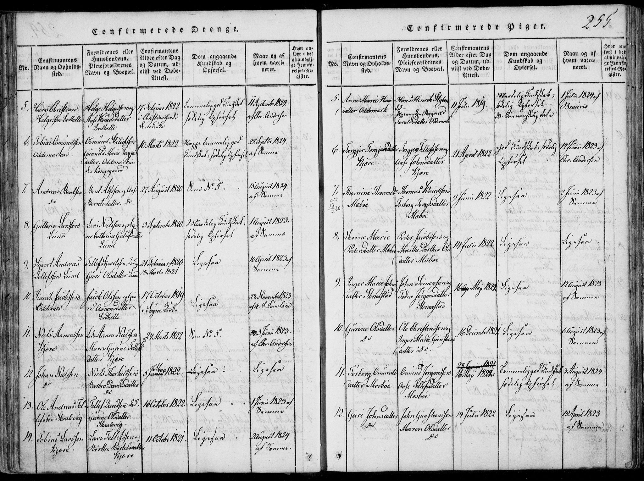 Oddernes sokneprestkontor, AV/SAK-1111-0033/F/Fa/Faa/L0005: Parish register (official) no. A 5, 1820-1838, p. 255