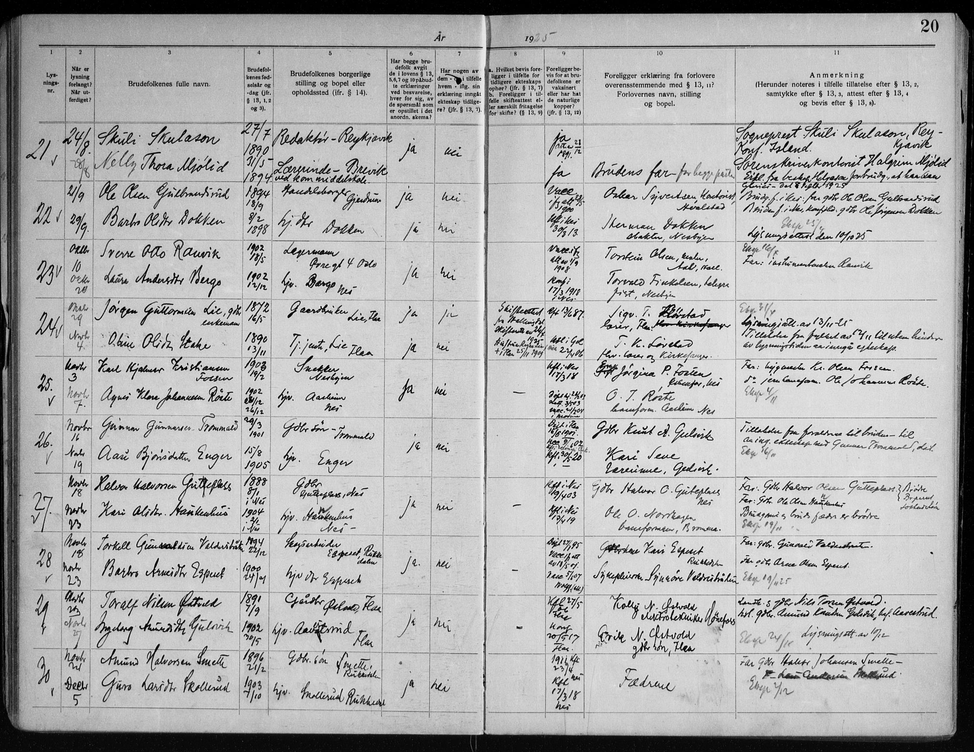 Nes kirkebøker, AV/SAKO-A-236/H/Ha/L0001: Banns register no. 1, 1919-1954, p. 20