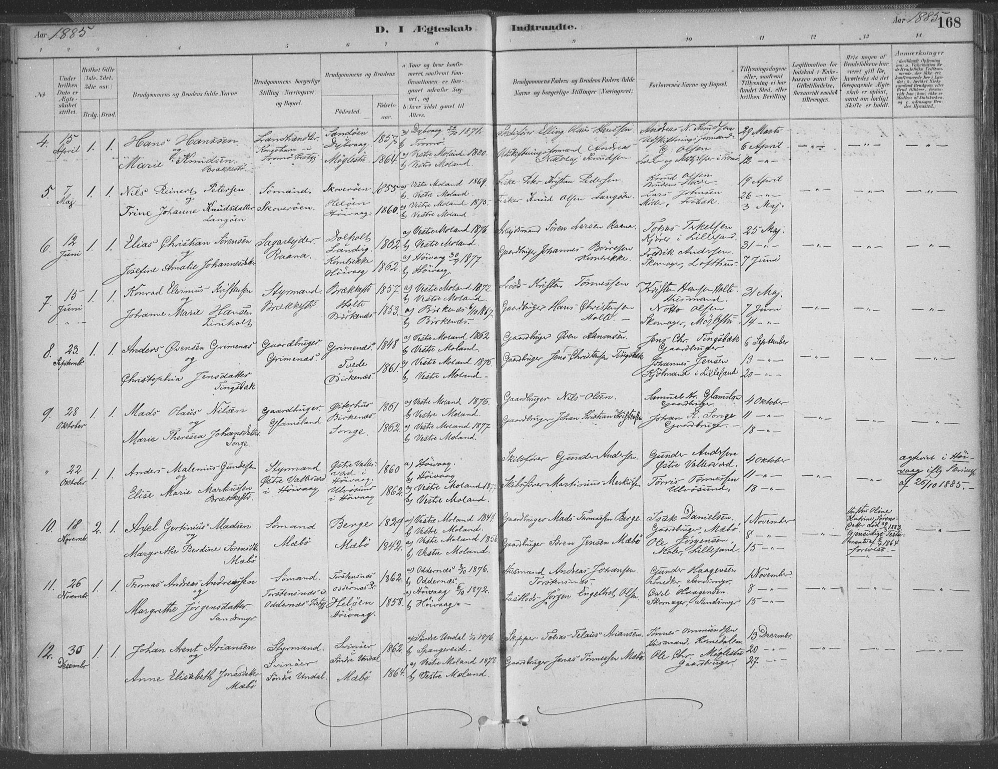 Vestre Moland sokneprestkontor, SAK/1111-0046/F/Fa/Fab/L0009: Parish register (official) no. A 9, 1884-1899, p. 168
