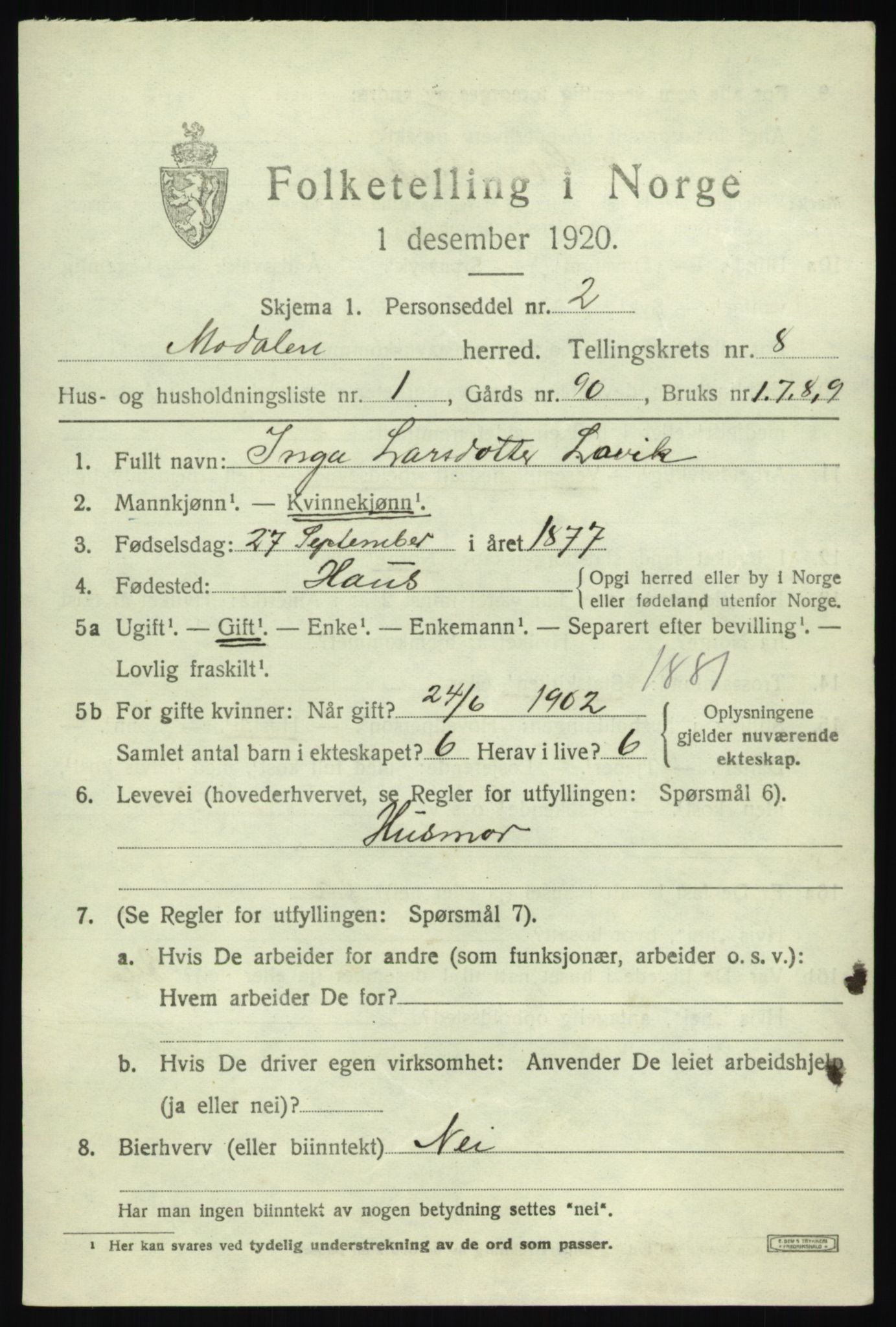 SAB, 1920 census for Modalen, 1920, p. 1456