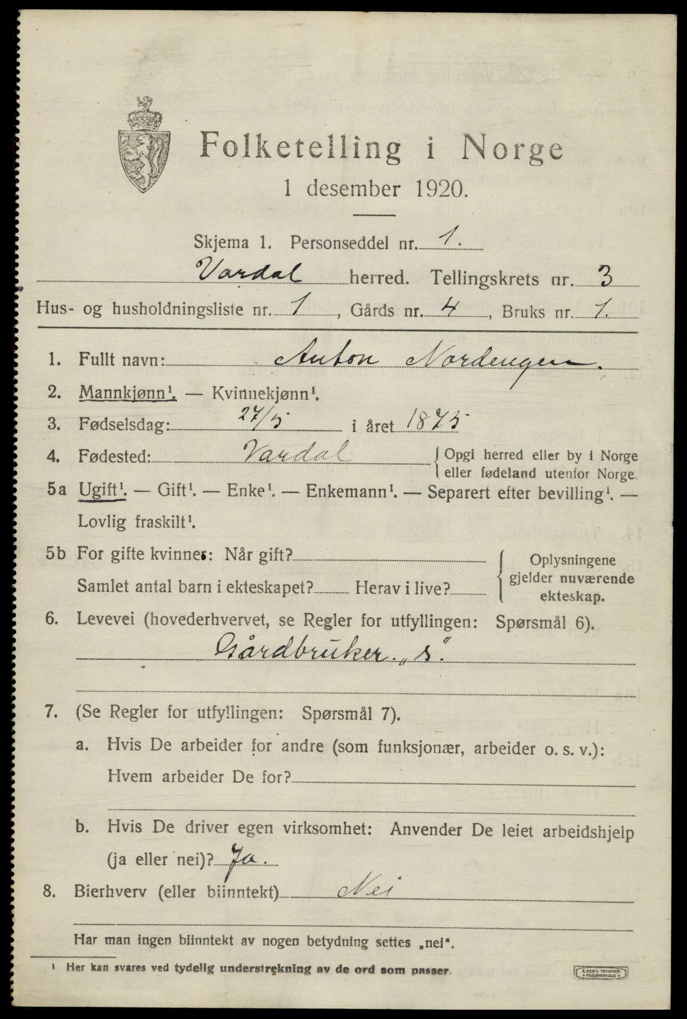 SAH, 1920 census for Vardal, 1920, p. 2657