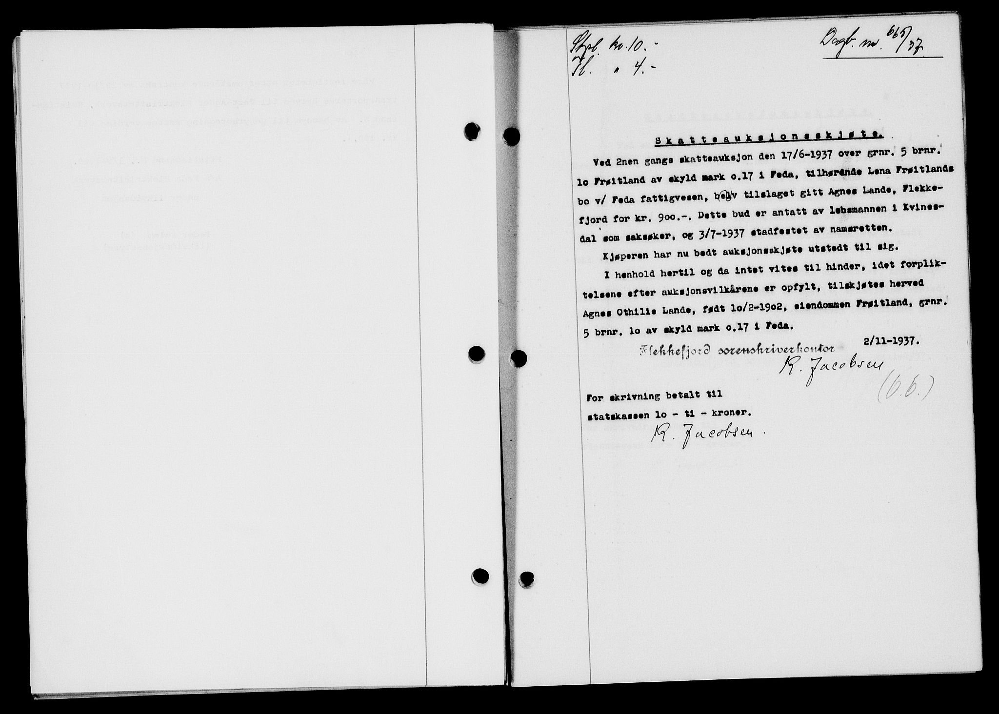 Flekkefjord sorenskriveri, SAK/1221-0001/G/Gb/Gba/L0054: Mortgage book no. A-2, 1937-1938, Diary no: : 665/1937