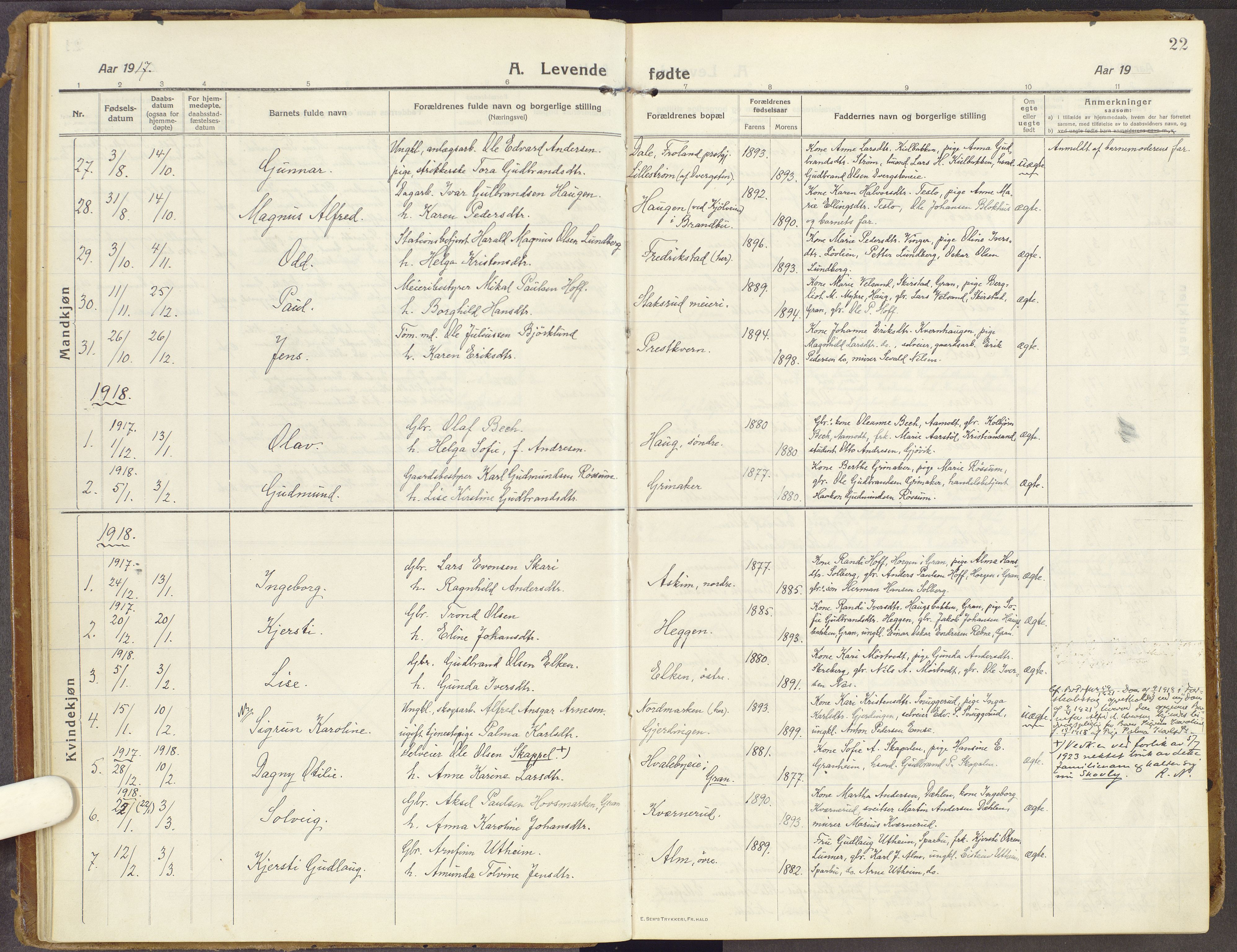 Brandbu prestekontor, SAH/PREST-114/H/Ha/Haa/L0003: Parish register (official) no. 3, 1914-1928, p. 22