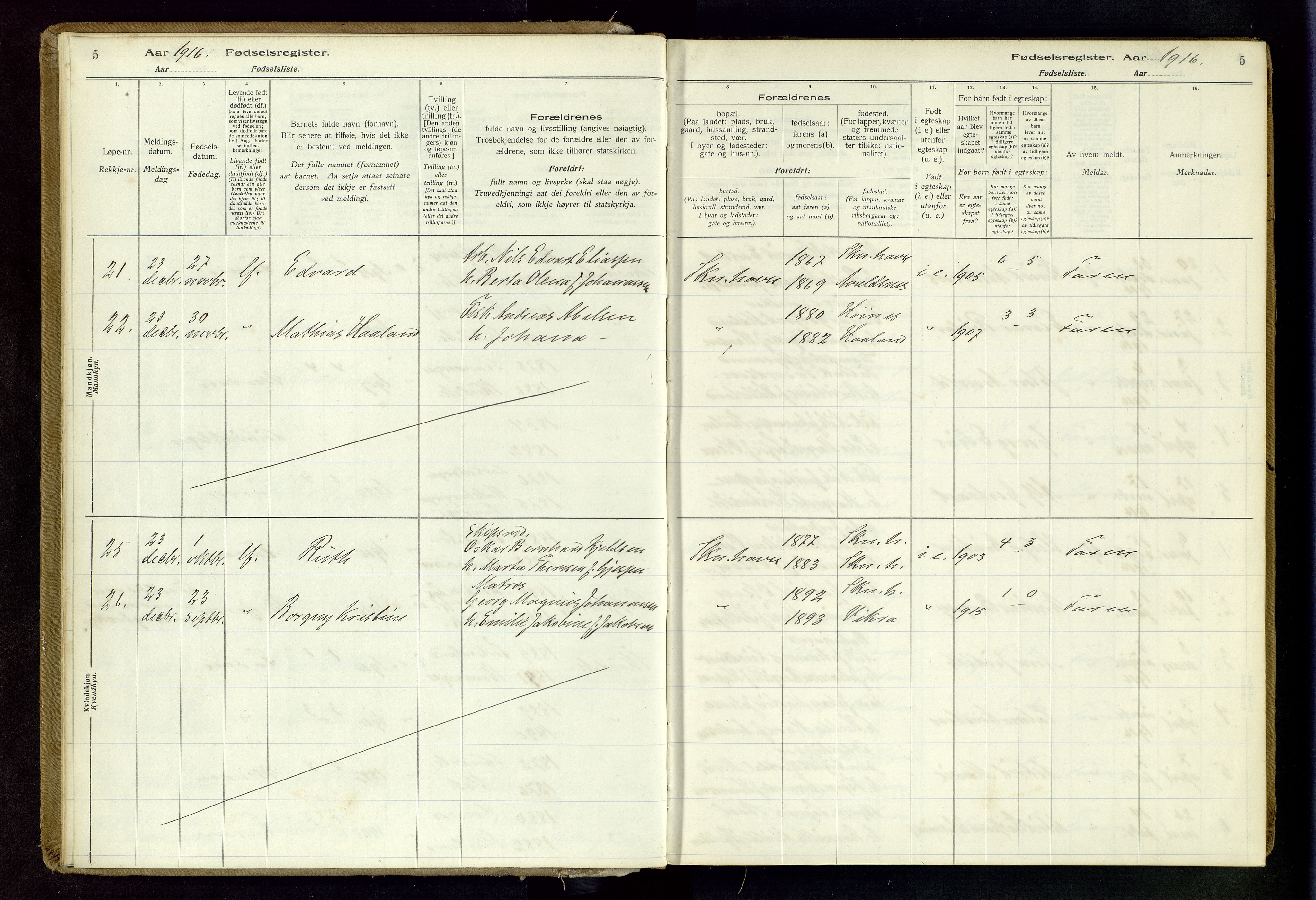 Skudenes sokneprestkontor, AV/SAST-A -101849/I/Id/L0003: Birth register no. 3, 1916-1964, p. 5