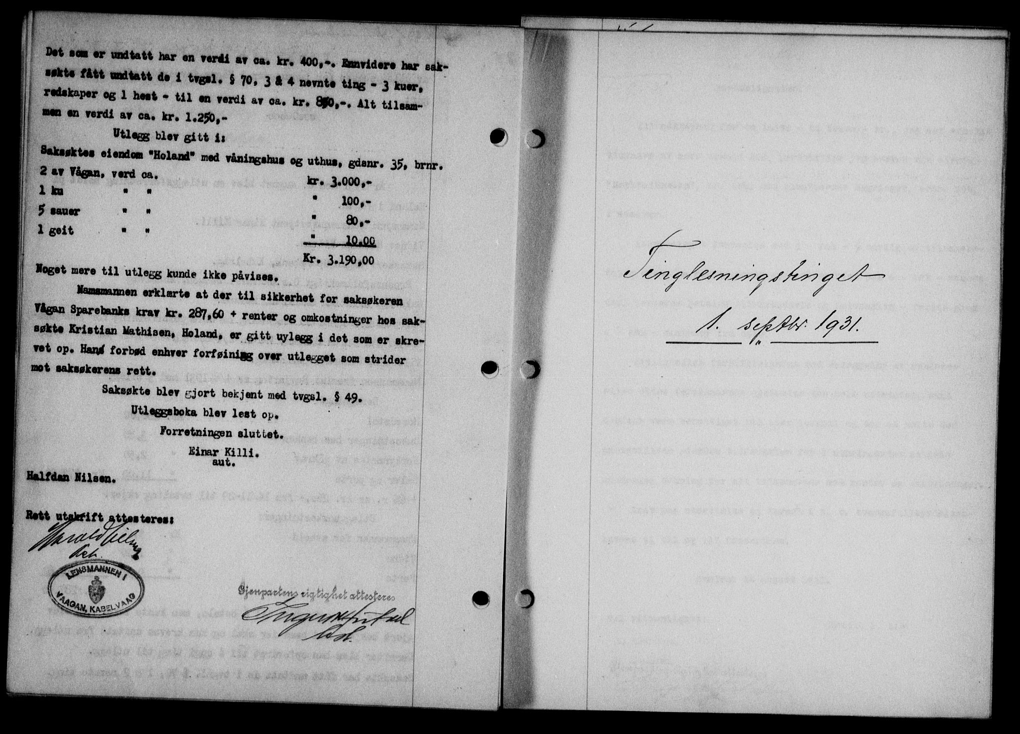 Lofoten sorenskriveri, SAT/A-0017/1/2/2C/L0024b: Mortgage book no. 24b, 1931-1931, Deed date: 01.09.1931