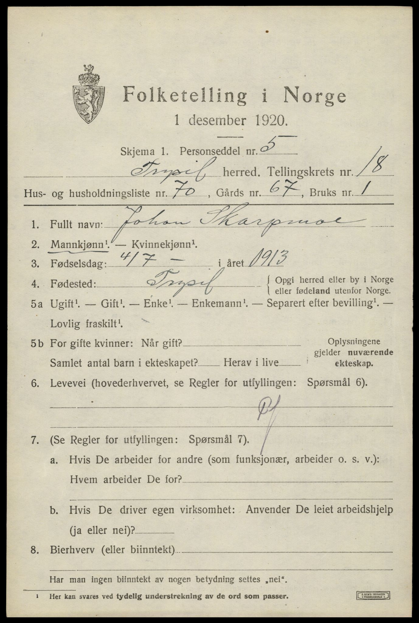 SAH, 1920 census for Trysil, 1920, p. 12615