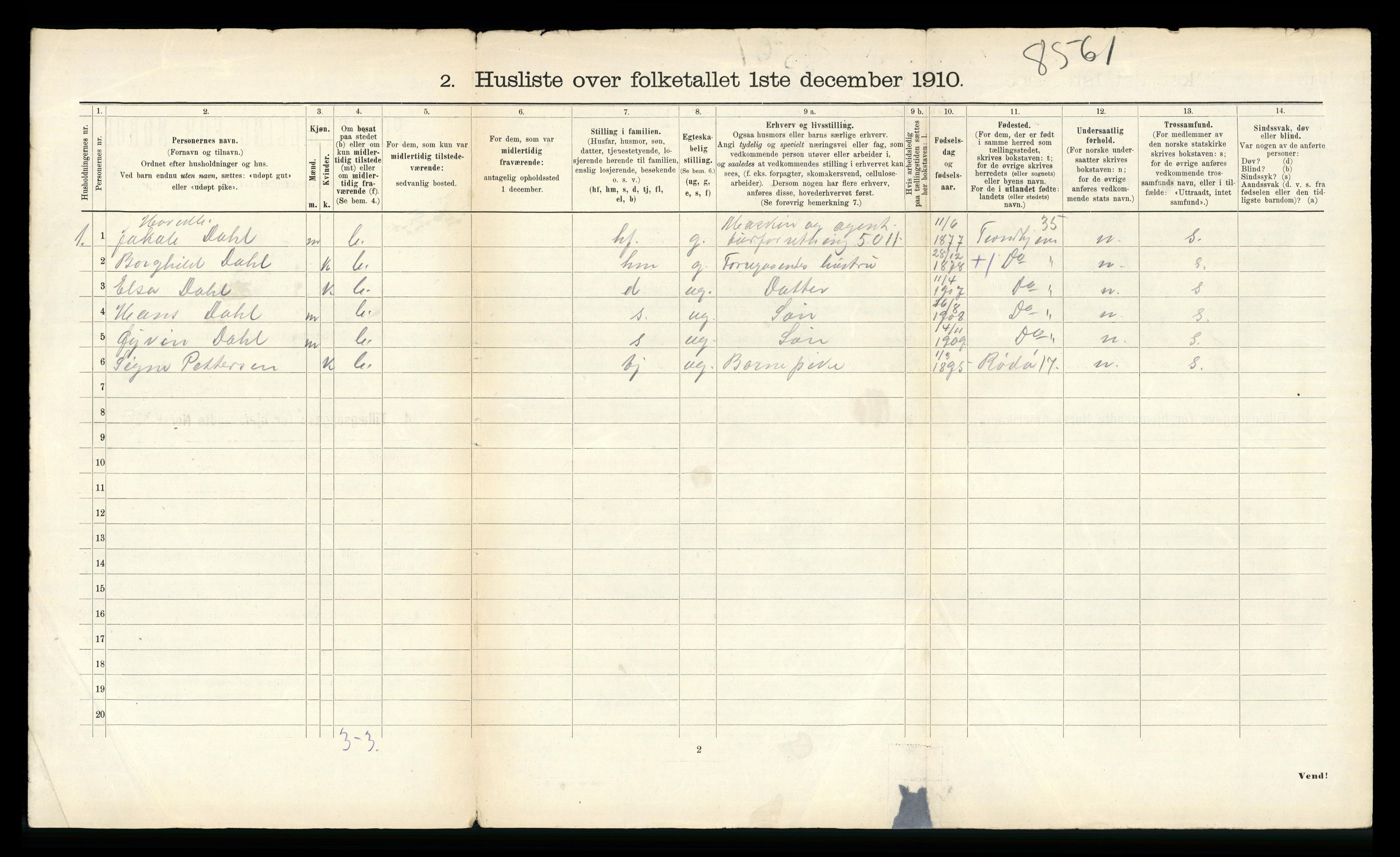 RA, 1910 census for Strinda, 1910, p. 1725