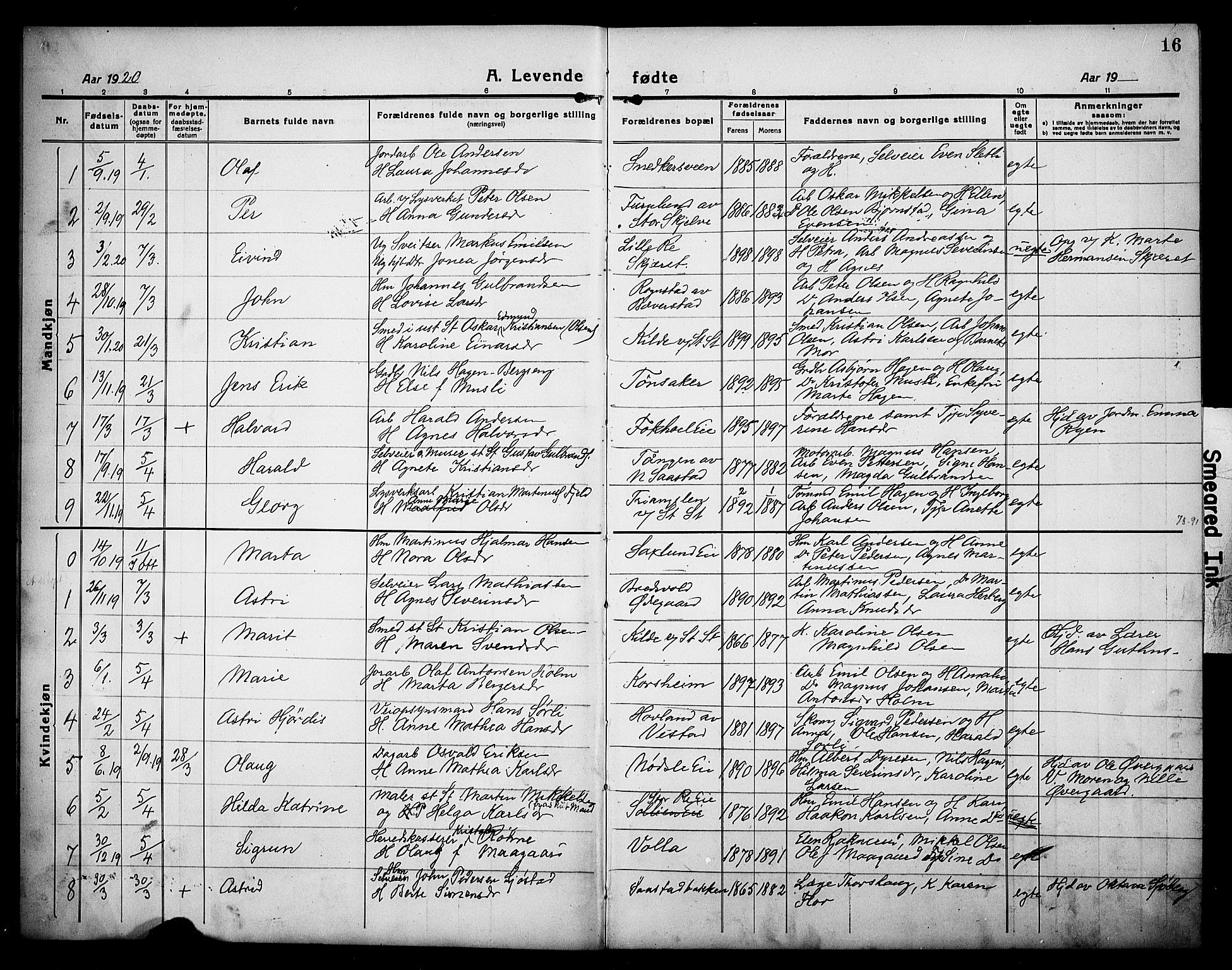 Stange prestekontor, AV/SAH-PREST-002/L/L0016: Parish register (copy) no. 16, 1918-1928, p. 16