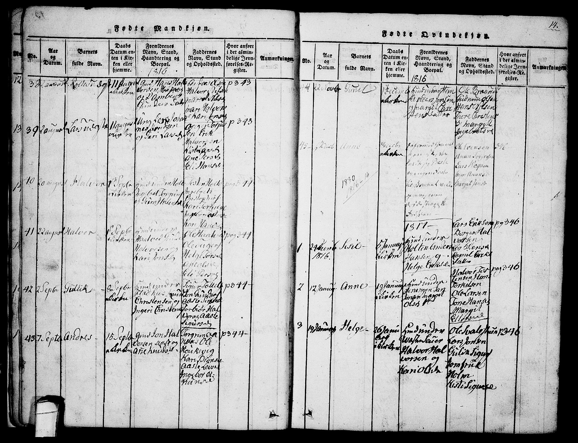 Sauherad kirkebøker, SAKO/A-298/G/Ga/L0001: Parish register (copy) no. I 1, 1815-1827, p. 14