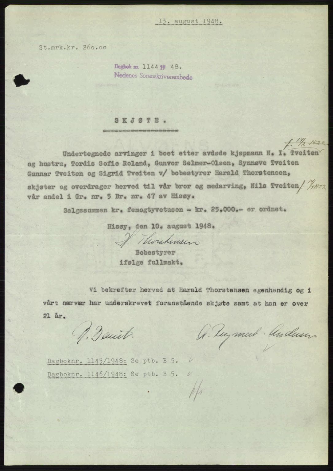 Nedenes sorenskriveri, AV/SAK-1221-0006/G/Gb/Gba/L0059: Mortgage book no. A11, 1948-1948, Diary no: : 1144/1948