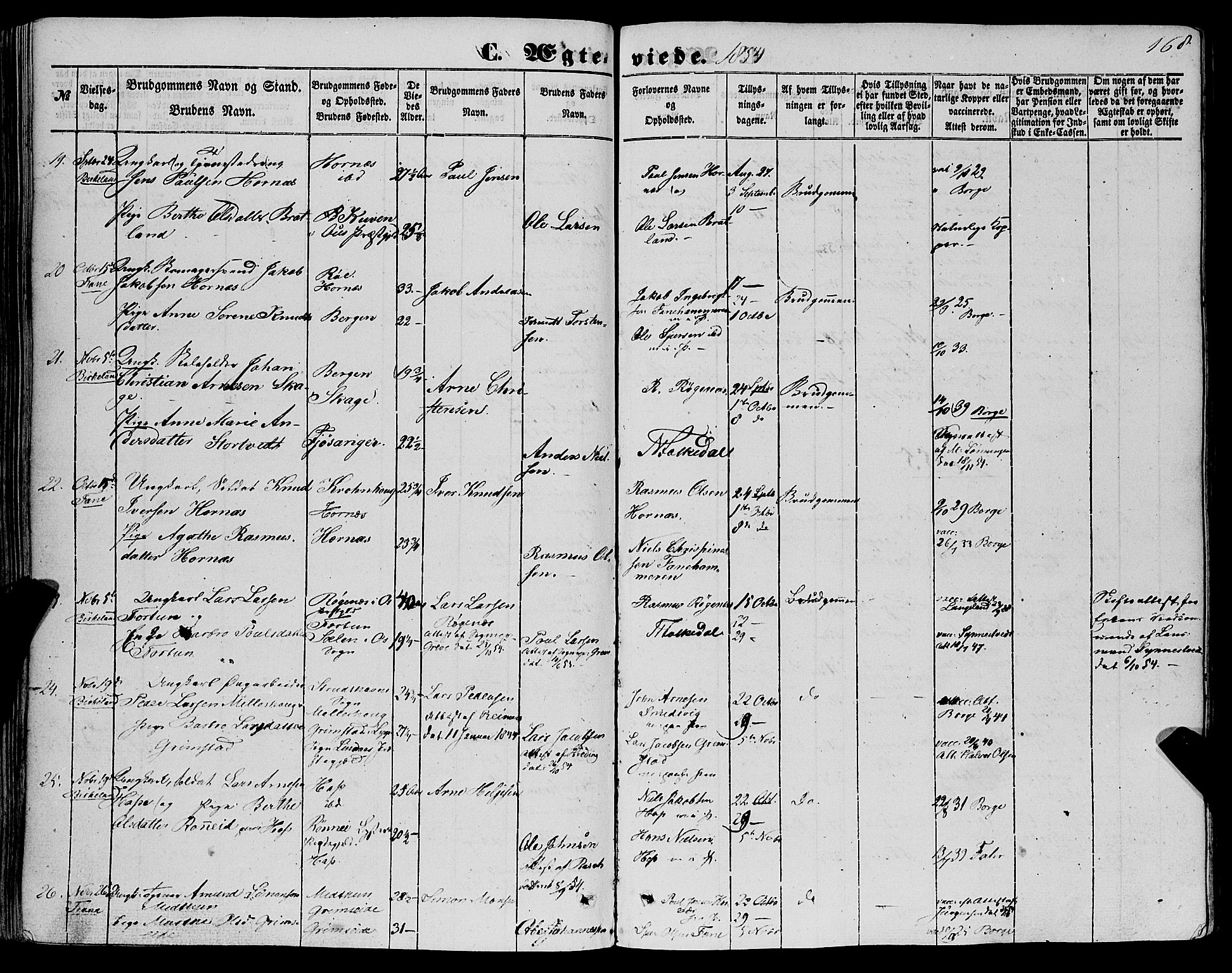 Fana Sokneprestembete, SAB/A-75101/H/Haa/Haaa/L0011: Parish register (official) no. A 11, 1851-1862, p. 168