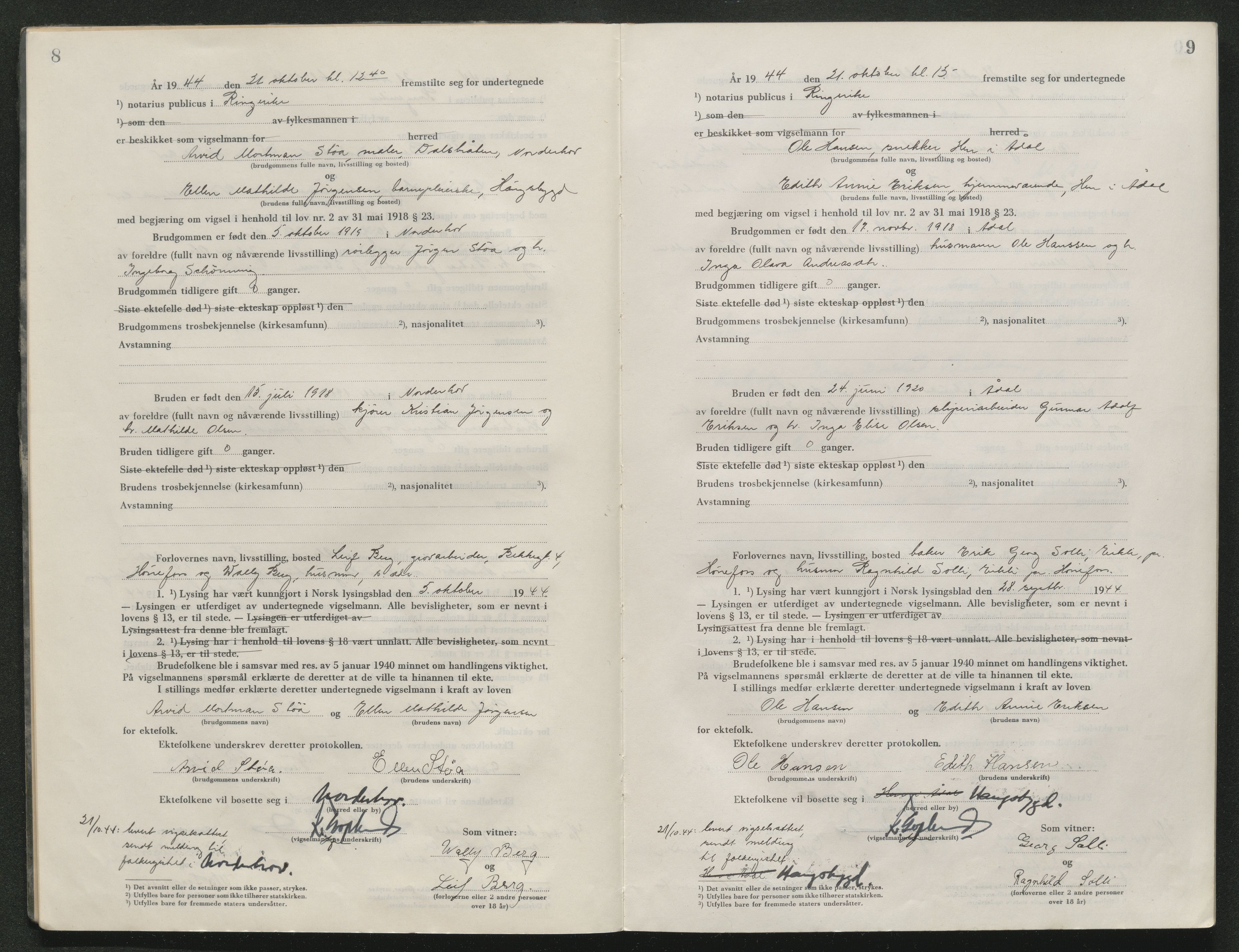 Ringerike sorenskriveri, AV/SAKO-A-105/L/Lc/L0004: Vigselsbok, 1944-1947, p. 8-9
