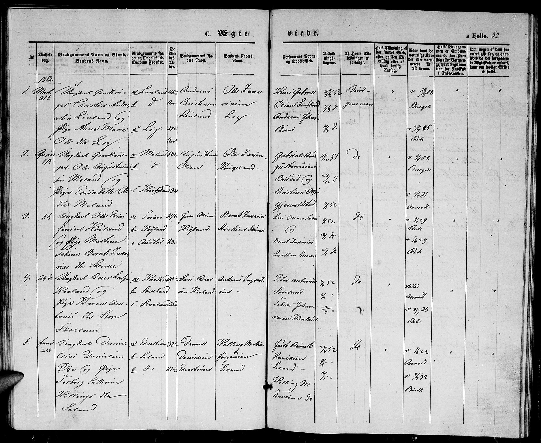 Herad sokneprestkontor, SAK/1111-0018/F/Fb/Fba/L0002: Parish register (copy) no. B 2, 1852-1862, p. 52
