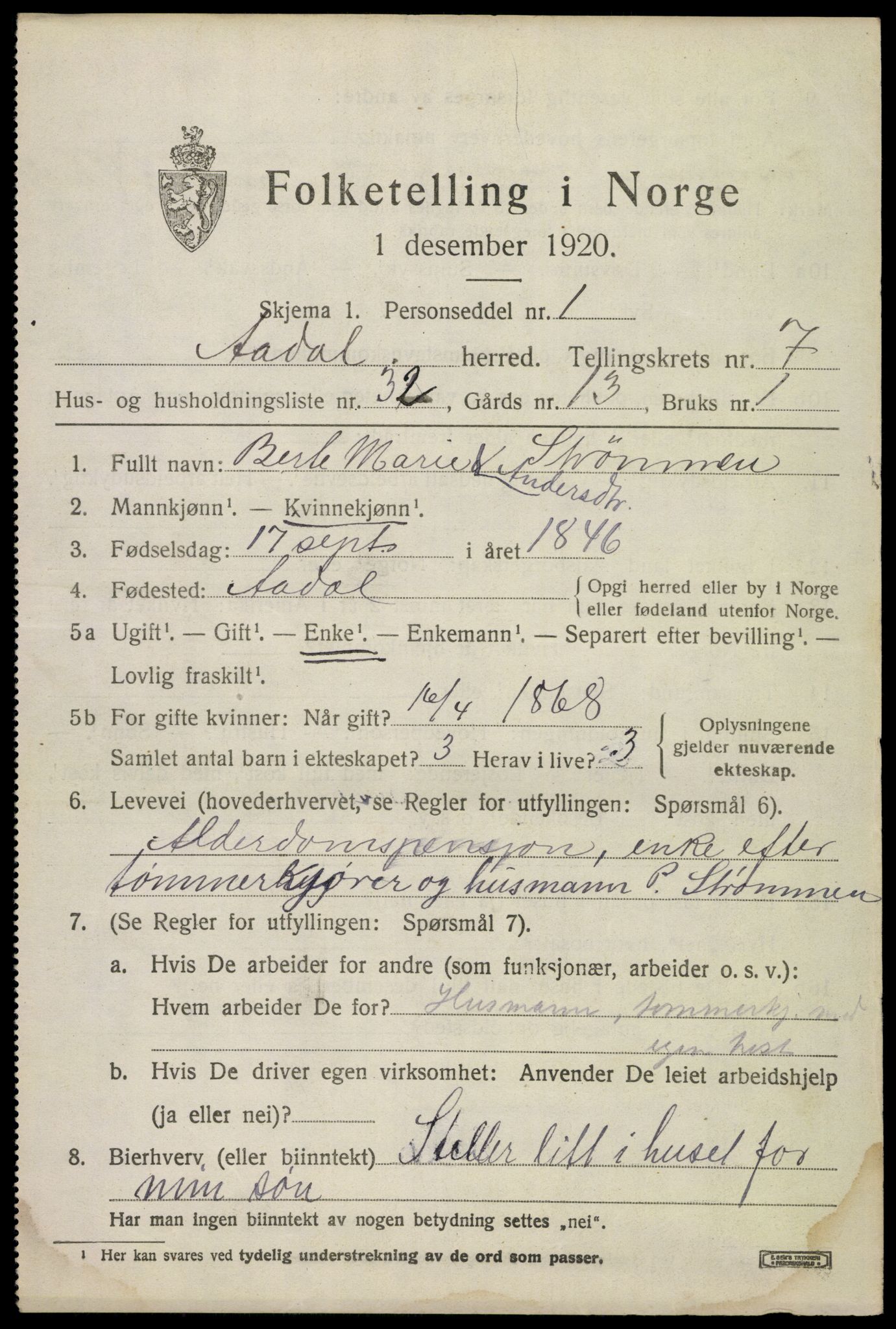 SAKO, 1920 census for Ådal, 1920, p. 5328