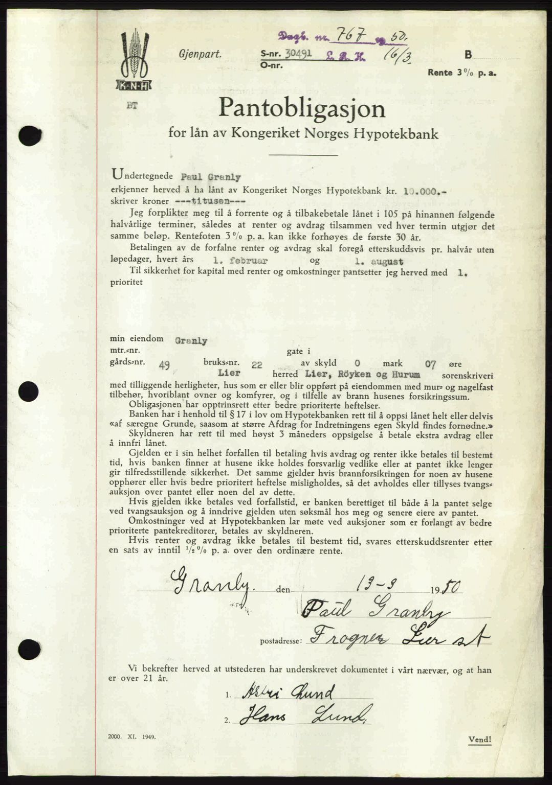 Lier, Røyken og Hurum sorenskriveri, SAKO/A-89/G/Ga/Gab/L0105: Mortgage book no. 105, 1950-1950, Diary no: : 767/1950
