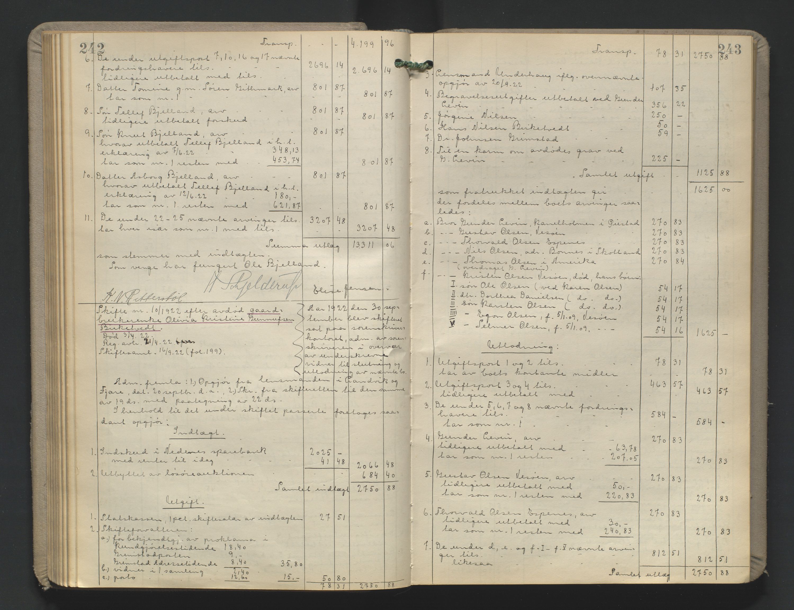 Vestre Nedenes/Sand sorenskriveri, AV/SAK-1221-0010/H/Hc/L0022: Skifteutlodningsprotokoll nr. 9, 1919-1932, p. 242-243