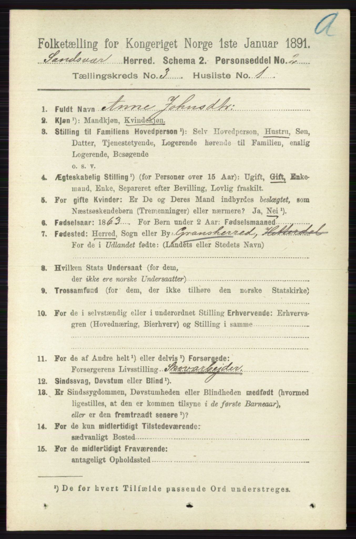 RA, 1891 census for 0629 Sandsvær, 1891, p. 1288