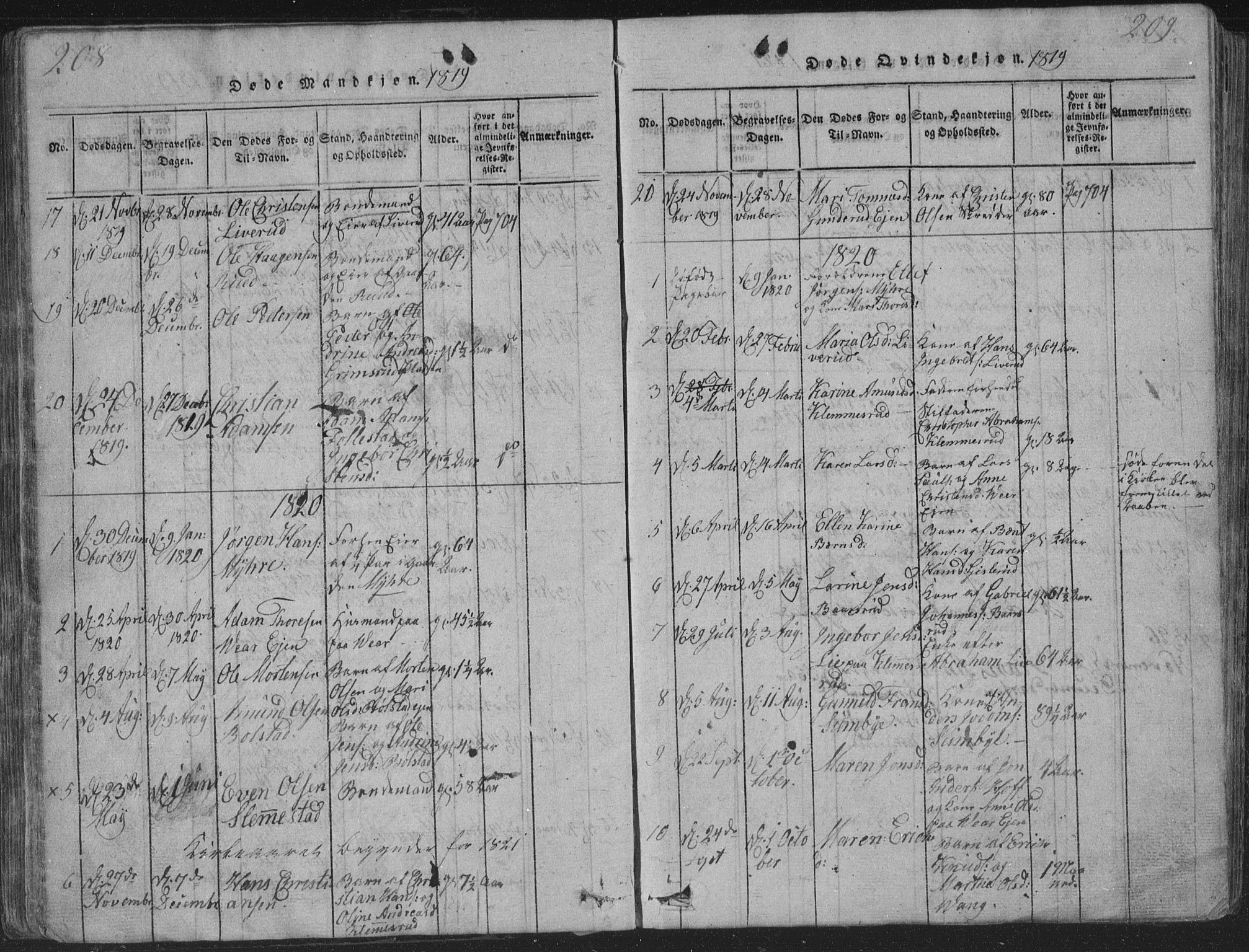 Røyken kirkebøker, SAKO/A-241/G/Ga/L0003: Parish register (copy) no. 3, 1814-1856, p. 208-209