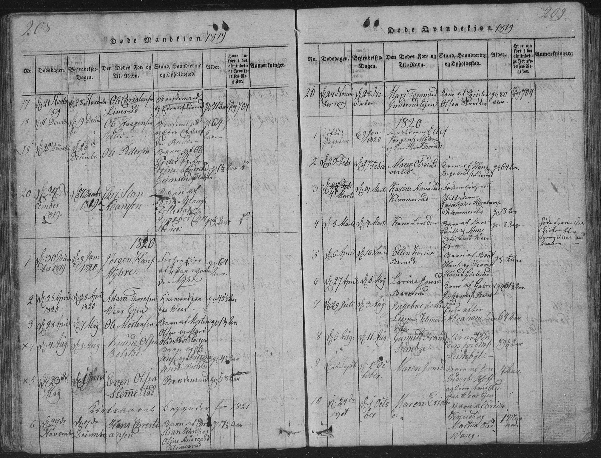 Røyken kirkebøker, AV/SAKO-A-241/G/Ga/L0003: Parish register (copy) no. 3, 1814-1856, p. 208-209