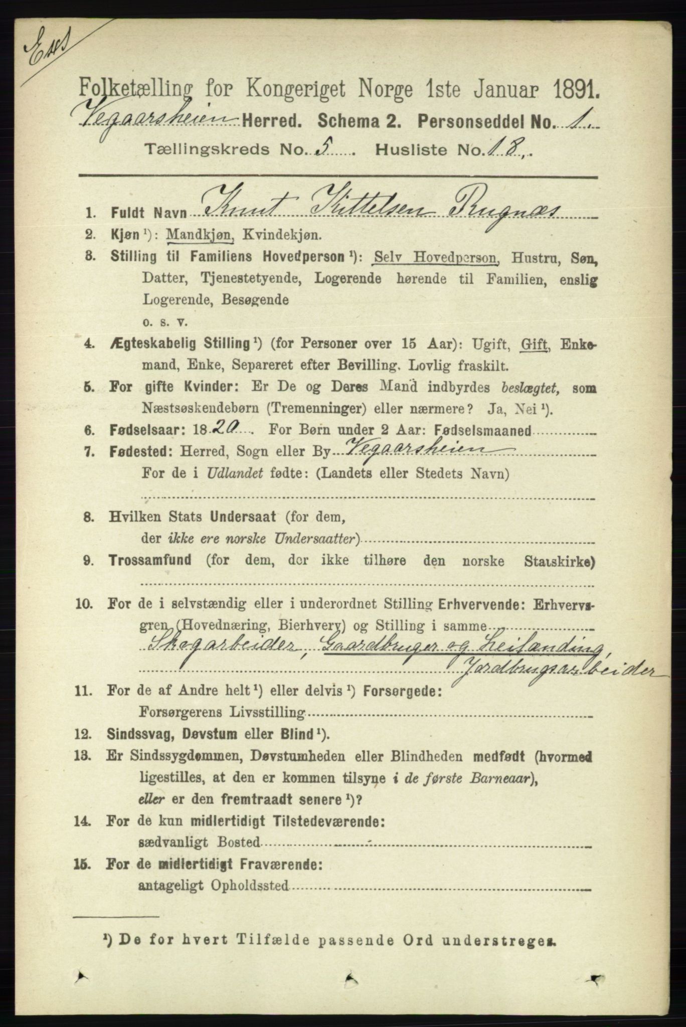 RA, Census 1891 for Nedenes amt: Gjenparter av personsedler for beslektede ektefeller, menn, 1891, p. 15