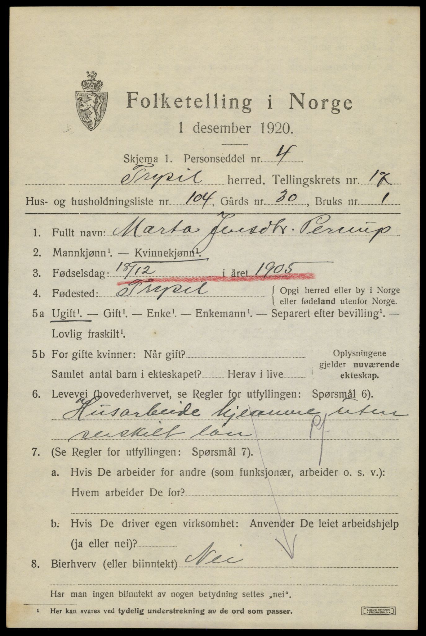 SAH, 1920 census for Trysil, 1920, p. 11389