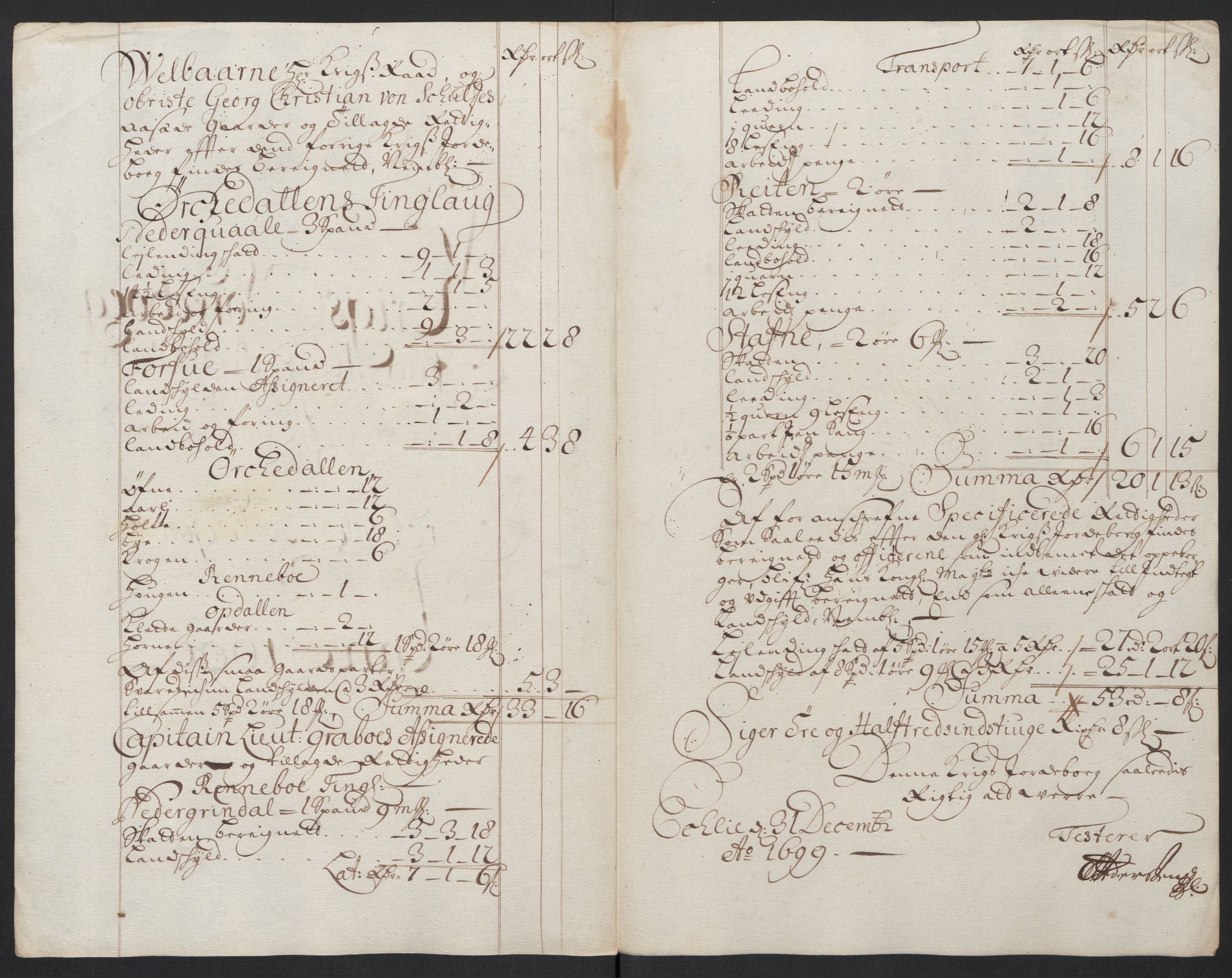 Rentekammeret inntil 1814, Reviderte regnskaper, Fogderegnskap, RA/EA-4092/R60/L3949: Fogderegnskap Orkdal og Gauldal, 1699, p. 182