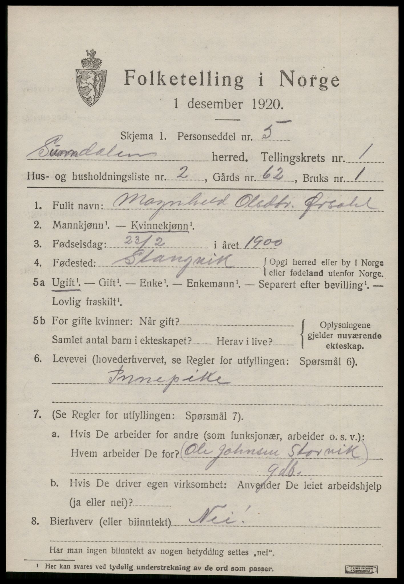 SAT, 1920 census for Sunndal, 1920, p. 806