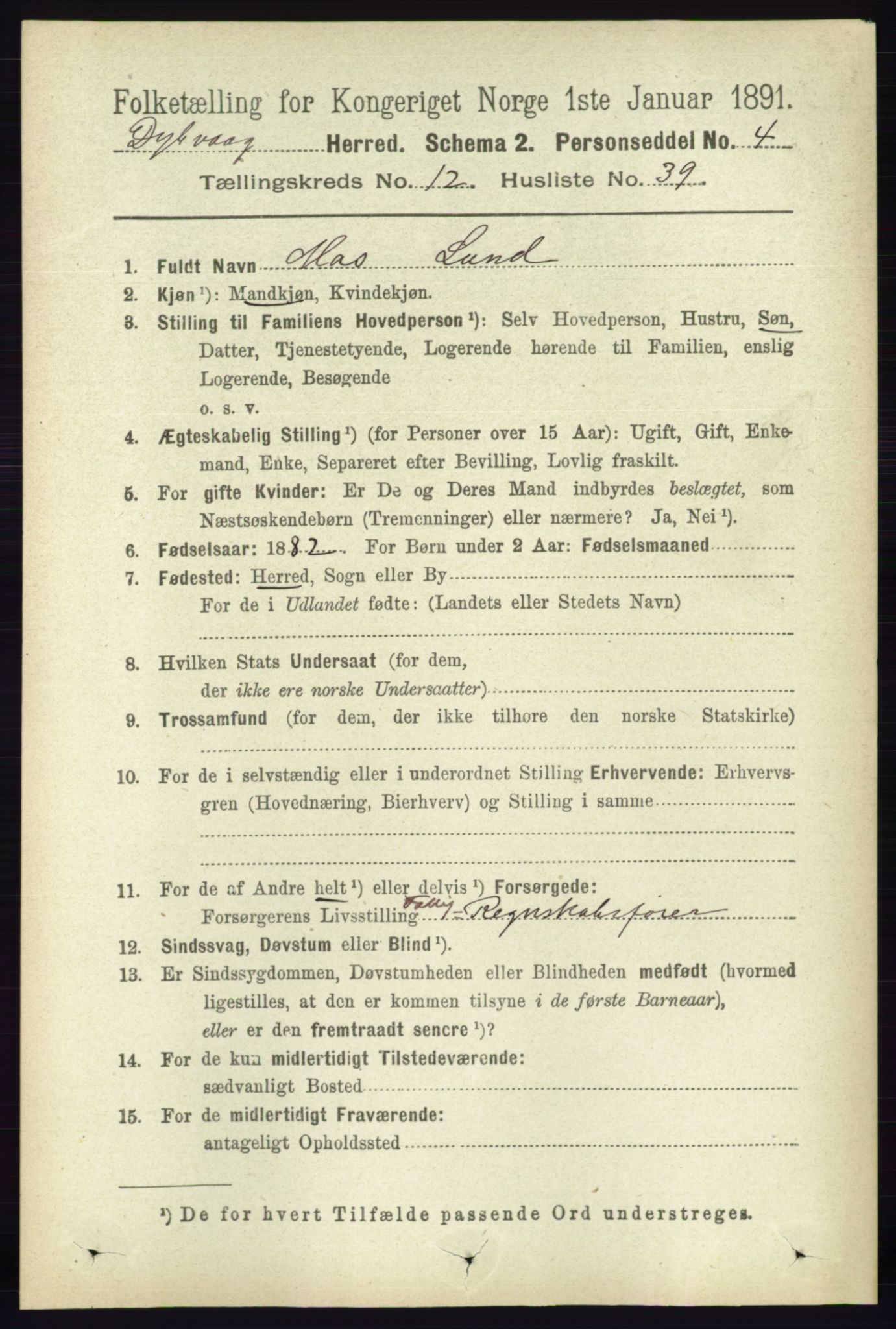 RA, 1891 census for 0915 Dypvåg, 1891, p. 4978